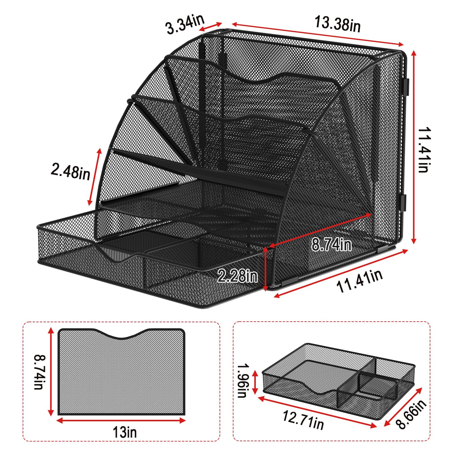 5-Tier Mesh Desk Organizer with Drawer - Fan Shaped File Holder for Office Supplies, Home & School Use - Black | Perfect for Organizing Papers, Stationery & Office Accessories on Work Desk or Study Table