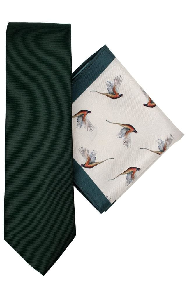 Premium Green Pheasant Silk Tie and Pocket Square Set - Elegant Men's Accessories for Business, Weddings & Formal Events