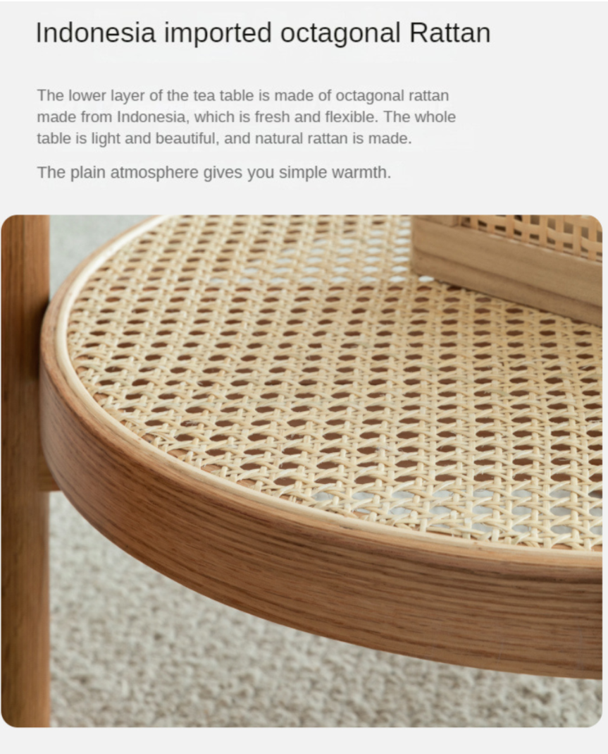 Stylish Oak Solid Wood Coffee Table with Glass Top and Rattan Accents - Perfect for Living Room, Lounge, and Home Decor