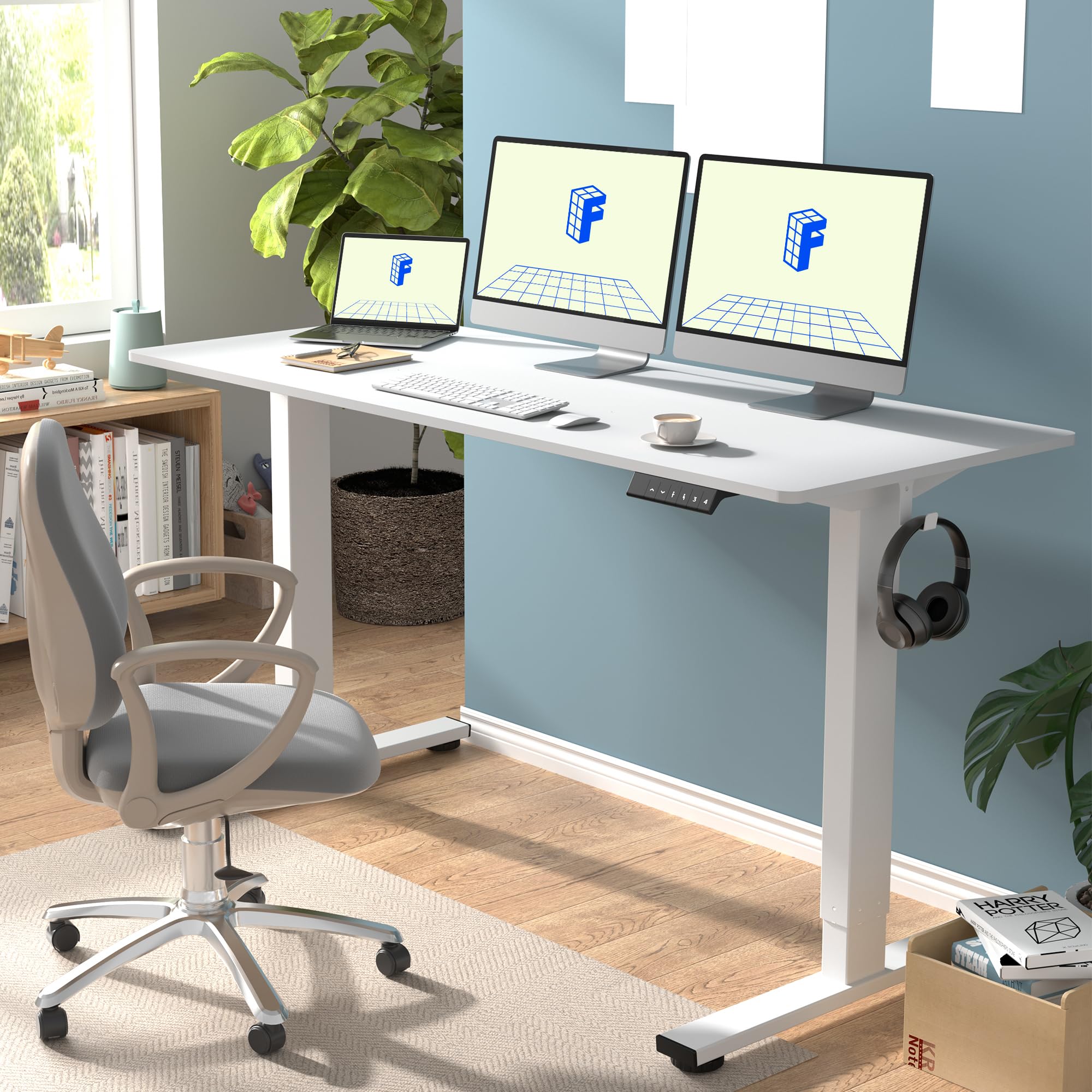 FLEXISPOT EN1 Electric Height Adjustable Standing Desk 60 x 24 Inches - White Frame & Desktop - Home Office Computer Workstation for Sit Stand Work - Perfect for Remote Work, Gaming & Study (2 Packages)