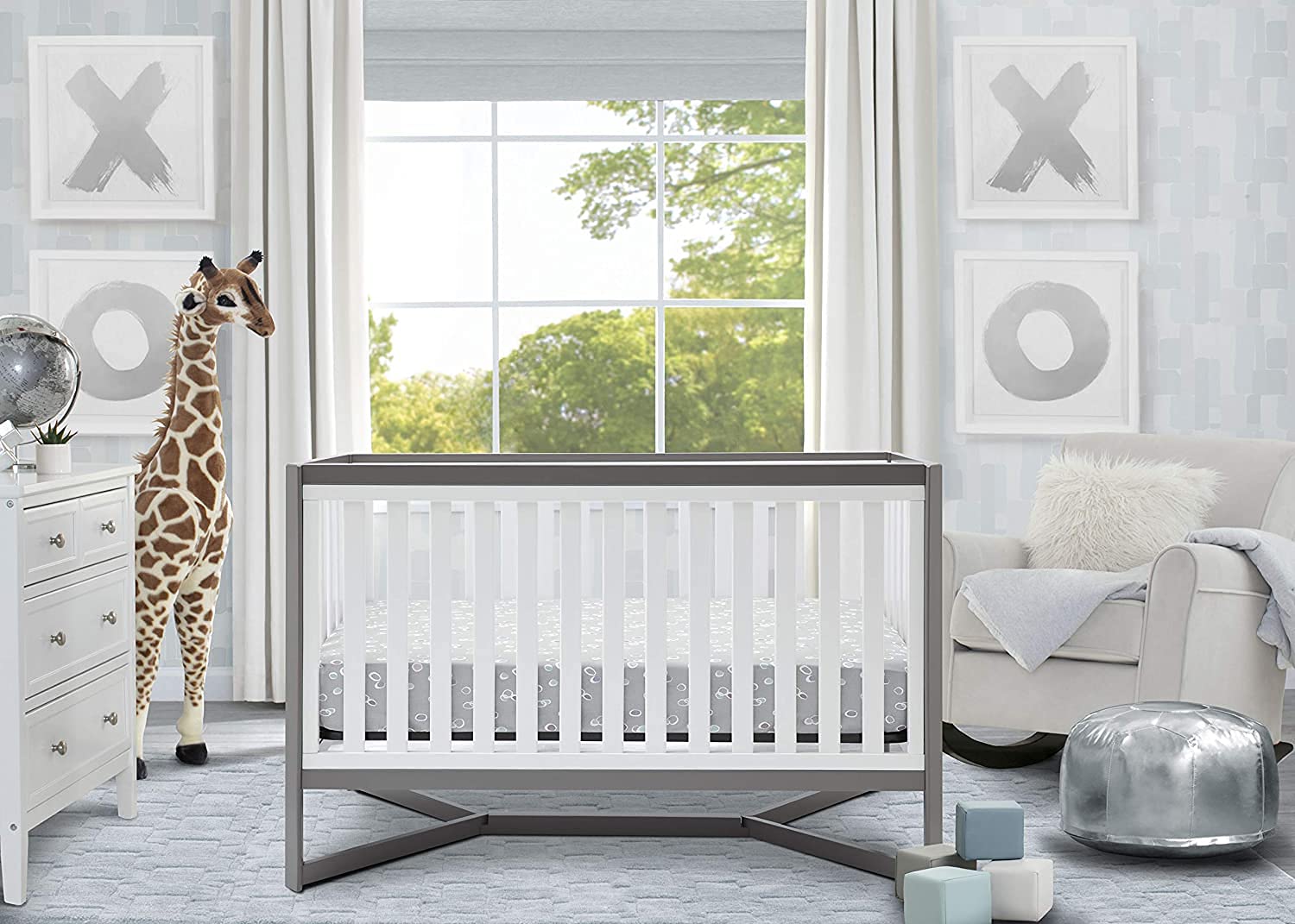 Delta Children Tribeca 4-in-1 Convertible Baby Crib with Serta Perfect Slumber Dual-Sided Mattress - Waterproof, Hypoallergenic, GREENGUARD Gold Certified - Grey/White | Nursery Furniture for Newborns, Infants & Toddlers | Safe Sleep Solution for Modern Parents