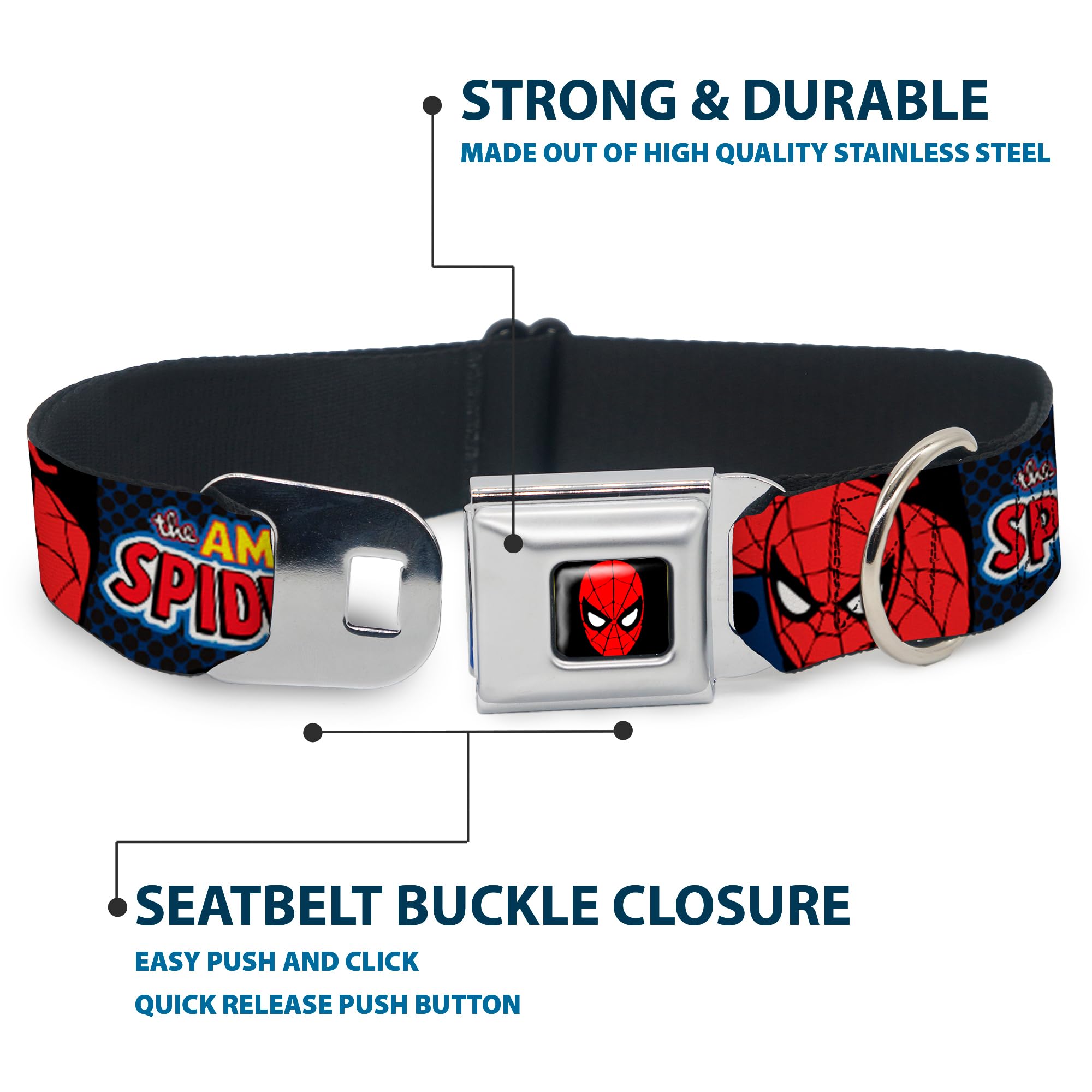 Amazing Spider-Man Dog Collar with Seatbelt Buckle - Adjustable 9 to 15 Inches, 1.0 Inch Wide, Multi-Color (DC-WSPD001-S) - Perfect for Superhero Fans & Pet Safety in Cars