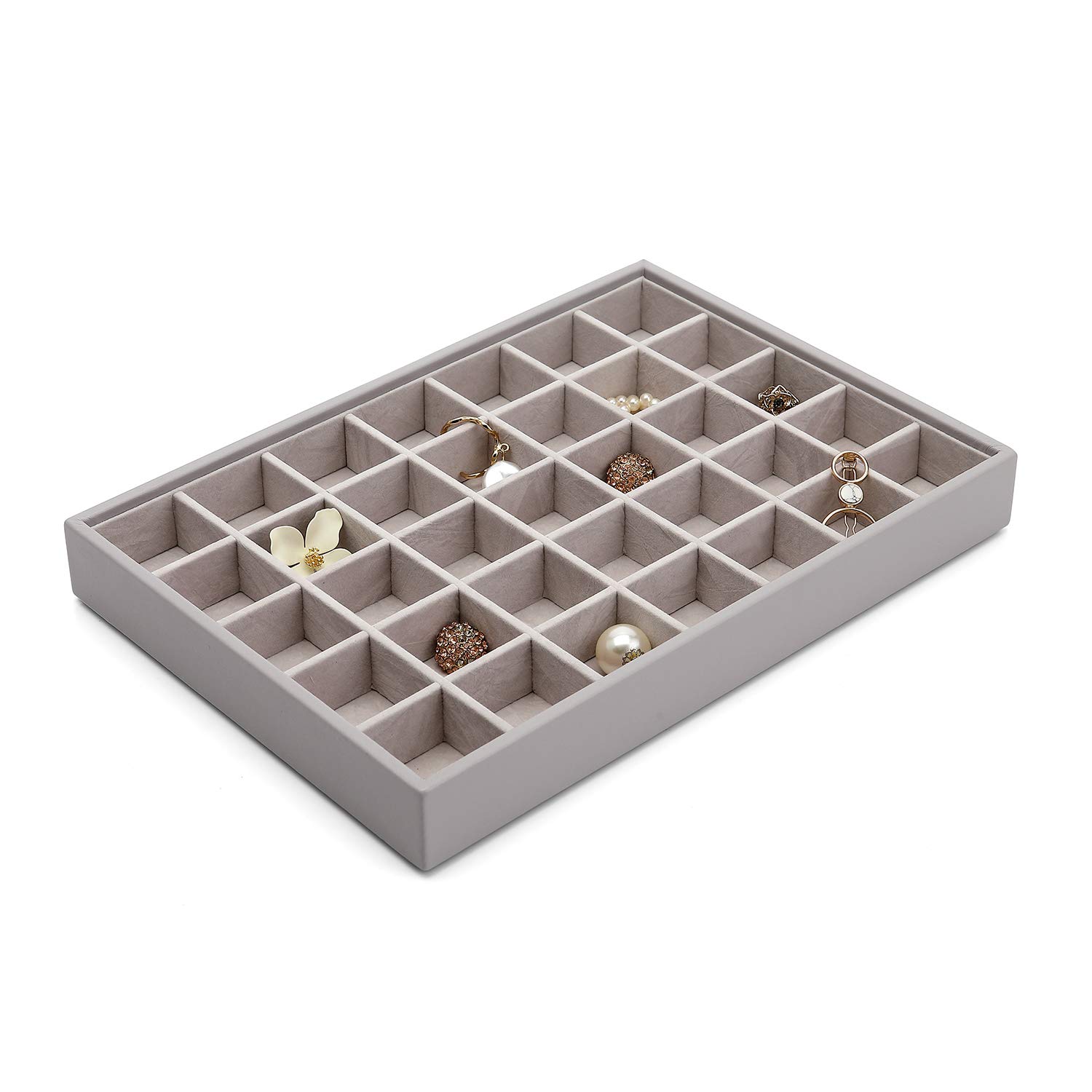 Vlando Jewelry Tray - 4-Layer Faux Leather Jewelry Organizer with Lid for Earrings, Necklaces, Bracelets & Rings - Desktop & Drawer Storage Solution for Women's Accessories - Perfect for Bedroom Vanity, Dresser Top or Travel Jewelry Case (Grey)