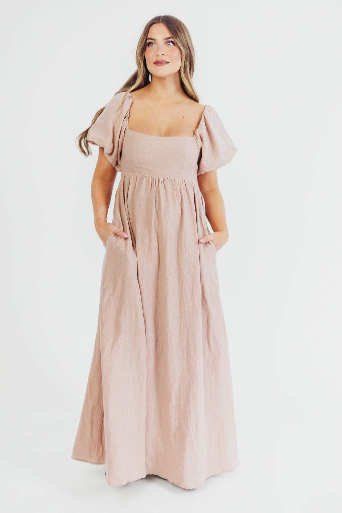Elegant Candace Maxi Dress in Dusty Rose - 100% Breathable Linen, Bump-Friendly Maternity Dress for Women - Perfect for Summer Weddings, Beach Vacations & Casual Outings