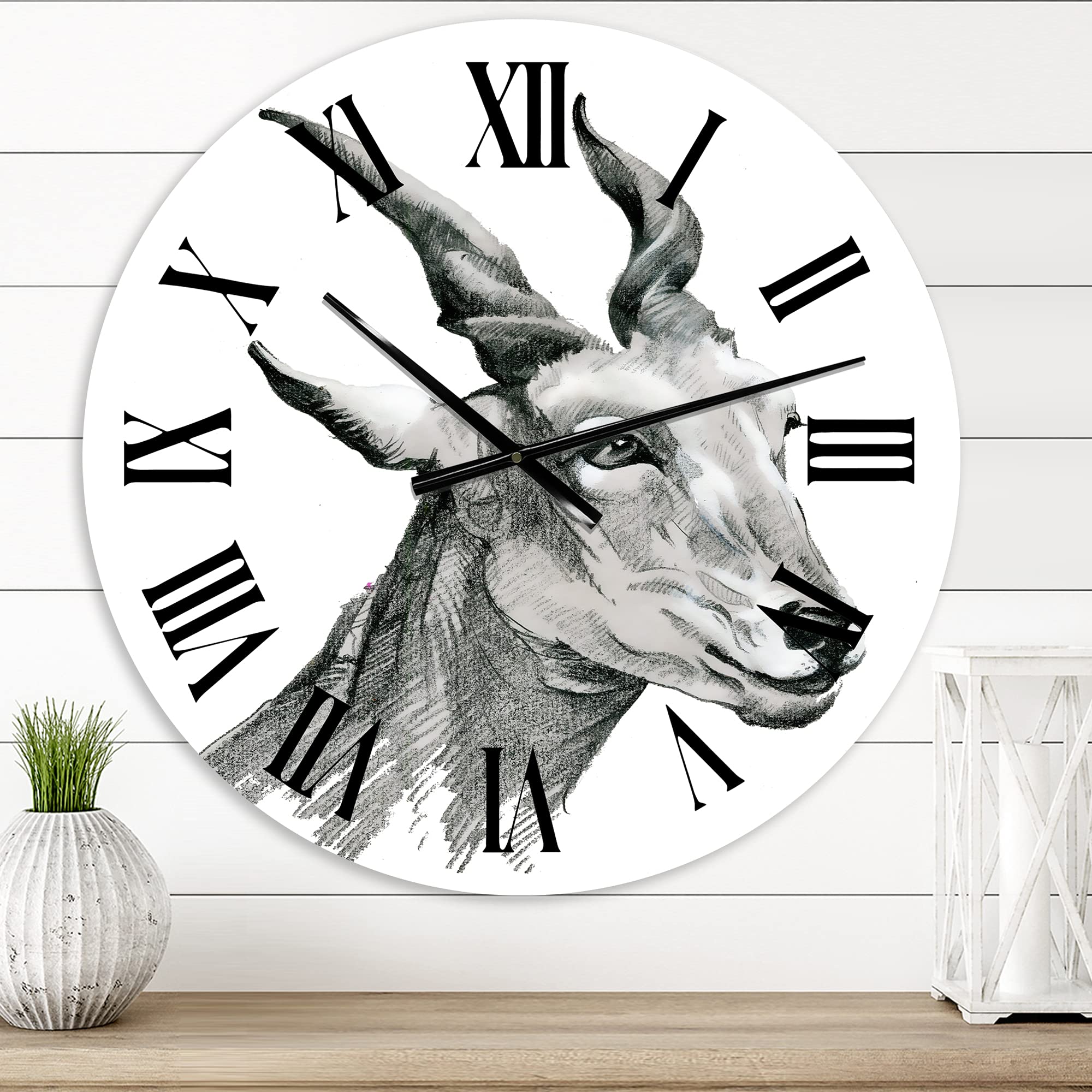 Farmhouse Wall Clock - Large Monochrome Goat Portrait Design for Kitchen, Living Room & Office Decor | Rustic Animal Wall Art