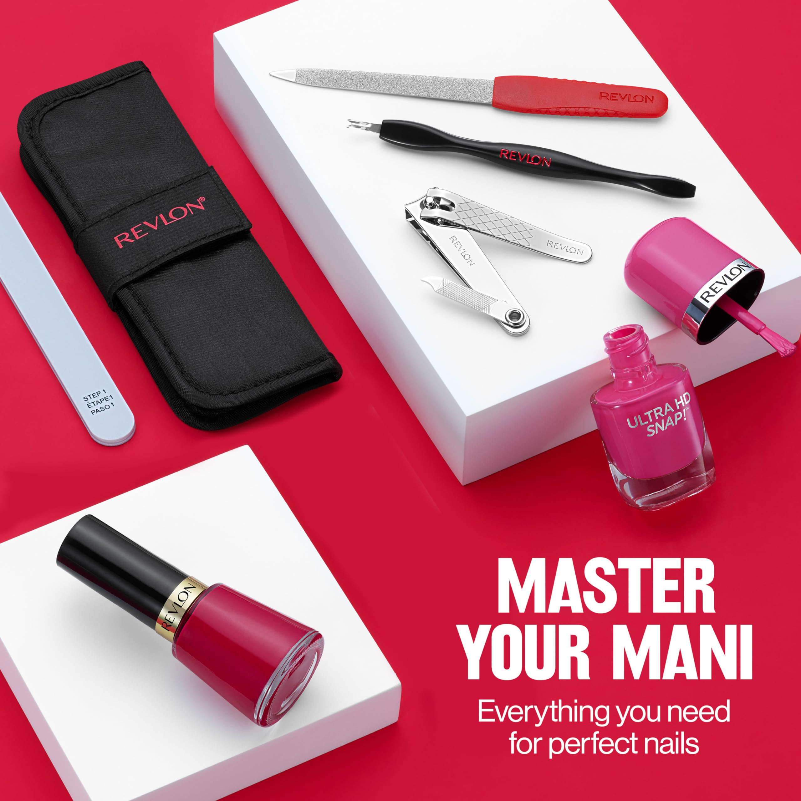 Revlon Manicure Essentials Kit with Travel Case - Nail Care Set with Dual Ended Cuticle Trimmer, Curved Blade Clippers, Compact Emery File & Buffer (Pack of 1) - Perfect for Home Nail Care, Travel & Salon Use