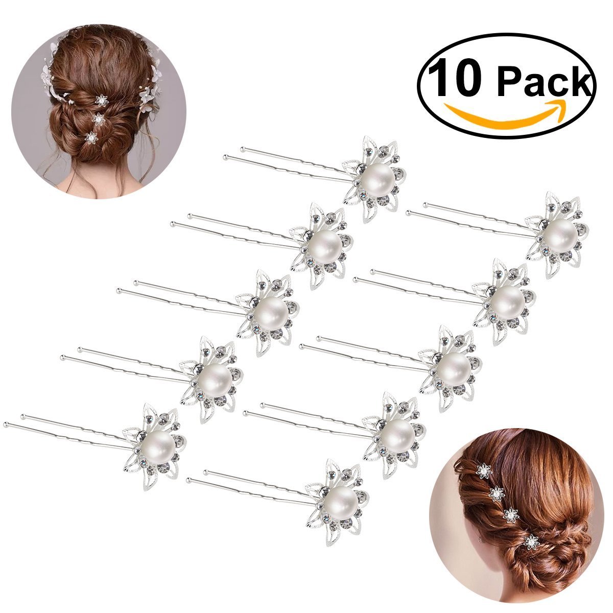 ROSENICE 10PCS Silver Flower Pearl Rhinestone Wedding Hair Pins - U-Shaped Bridal Hair Clips for Women, Buns & Updos - Elegant Hair Accessories for Bridal Showers, Prom, Parties & Special Occasions