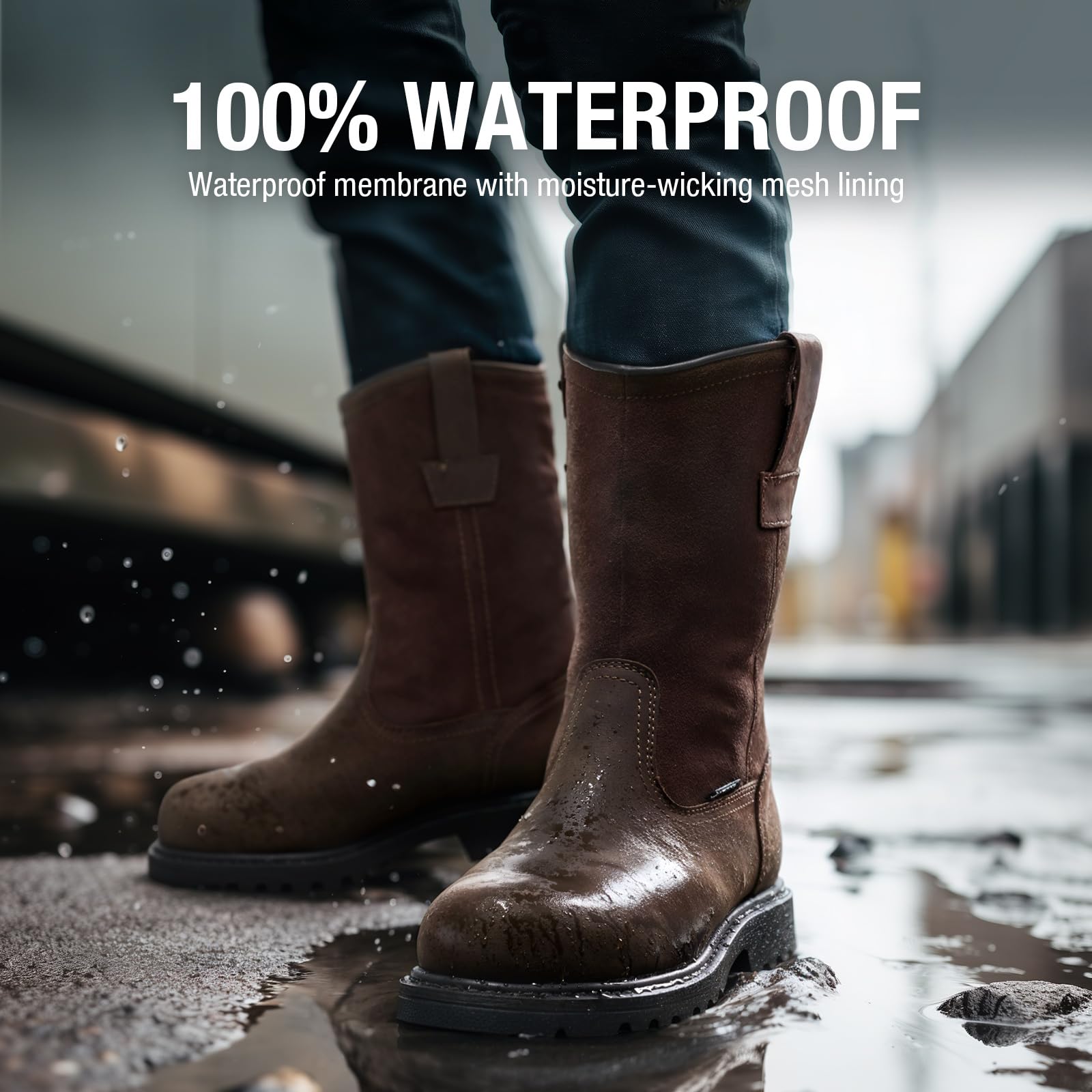 HISEA NINGO Men's Steel & Soft Toe Work Boots - 100% Waterproof Wellington Boots with Full-Grain Leather, Oil & Slip Resistant, Hazard Protection - Pull On Work Boots for Construction, Farming & Outdoor Work