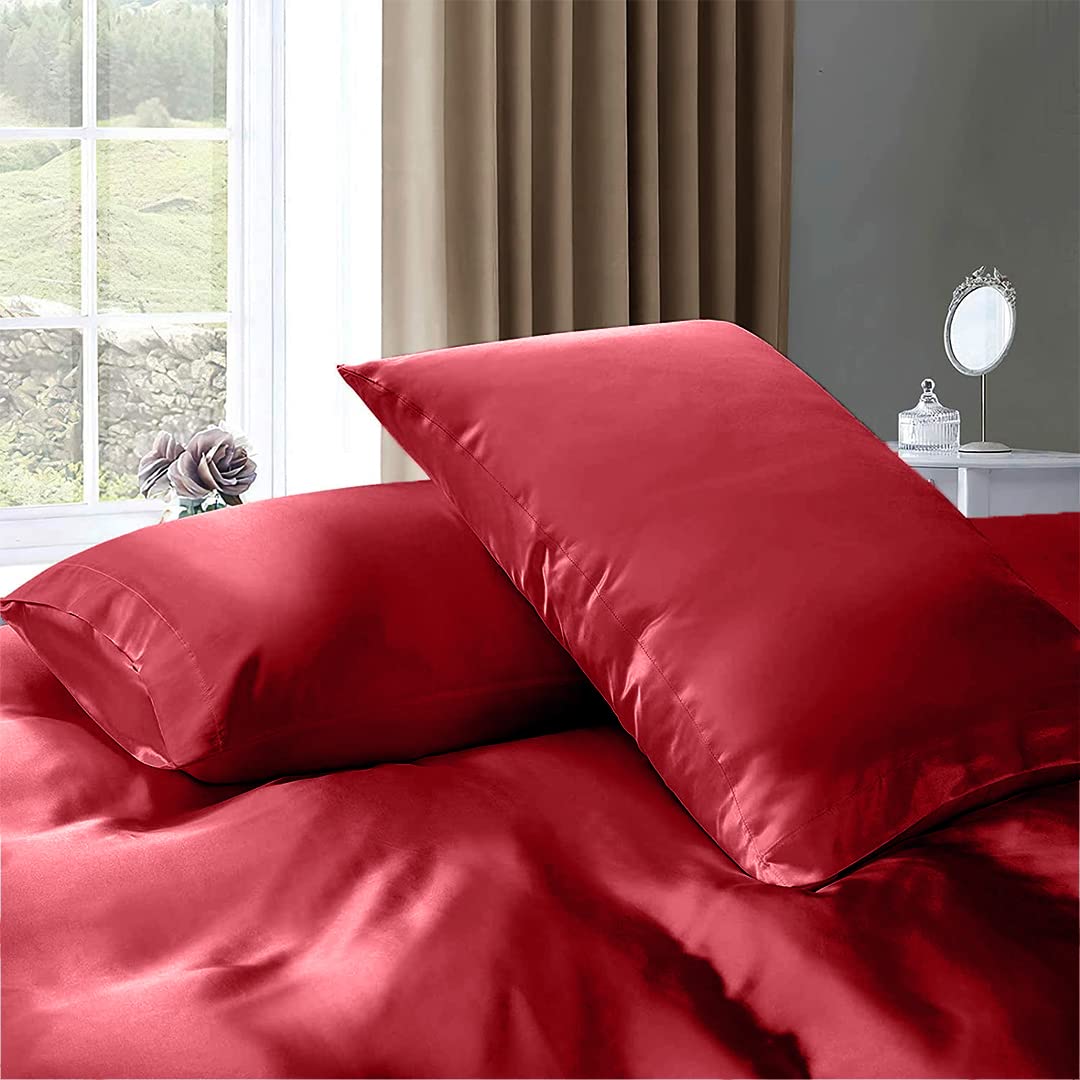 Luxury 7-Piece King Silk Satin Sheet Set - Breathable Cooling Bedding with Deep Pockets - Wrinkle Free Hotel Quality Duvet Cover & Pillowcases - Burgundy Comfy Sheets for Ultimate Sleep Comfort - Perfect for Master Bedrooms, Guest Rooms & Luxury Hotels