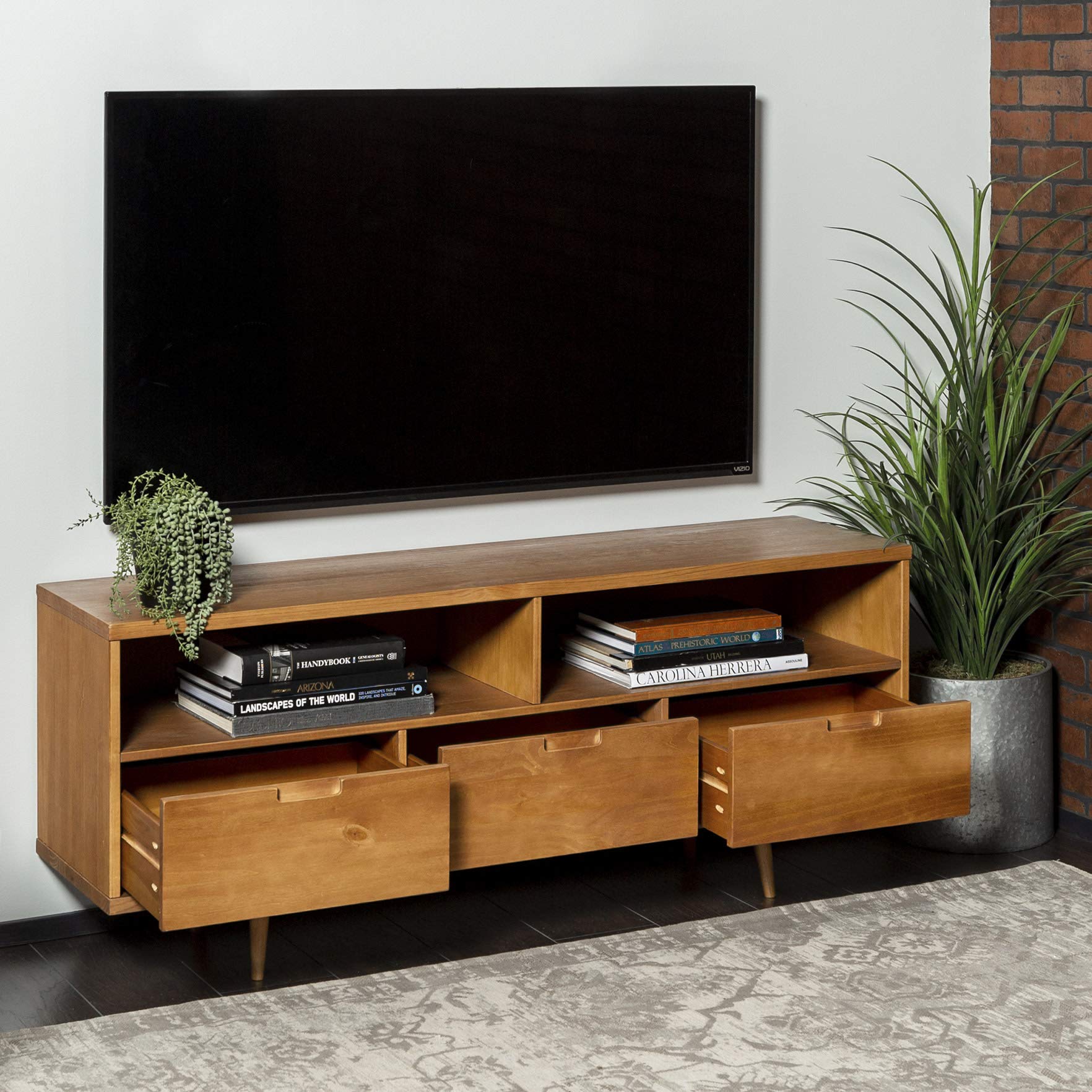 Delacora BD58IV3DCA 58-inch Mid-Century Modern TV Stand - Solid Wood Media Console with Storage Shelves for Living Room, Bedroom & Home Theater