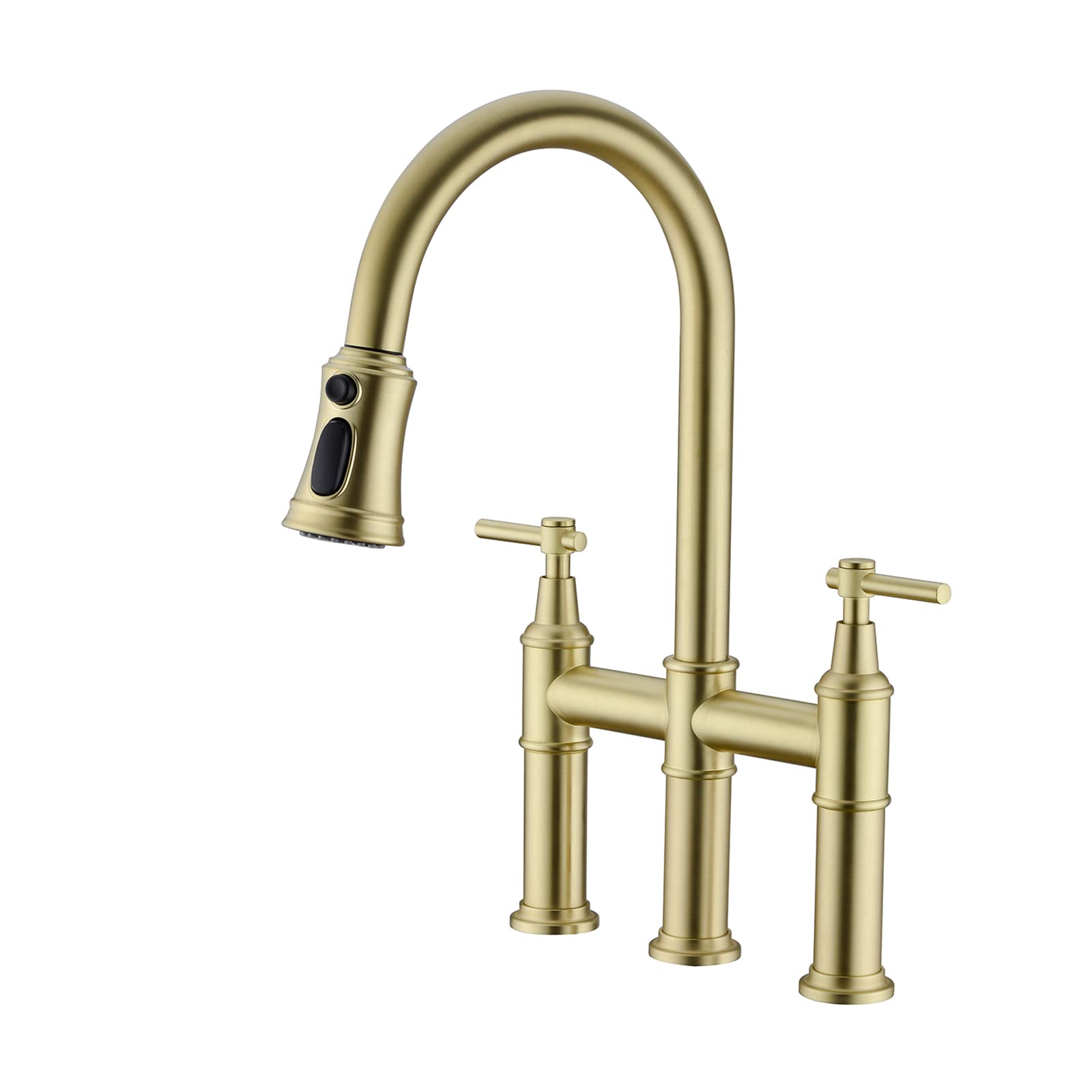 2-Handle High Arch Commercial Kitchen Faucet with Pull Down Sprayer - Solid Brass Gold Finish - 360° Swivel Sprayer for Easy Cleaning - Perfect for Restaurants & Home Kitchens
