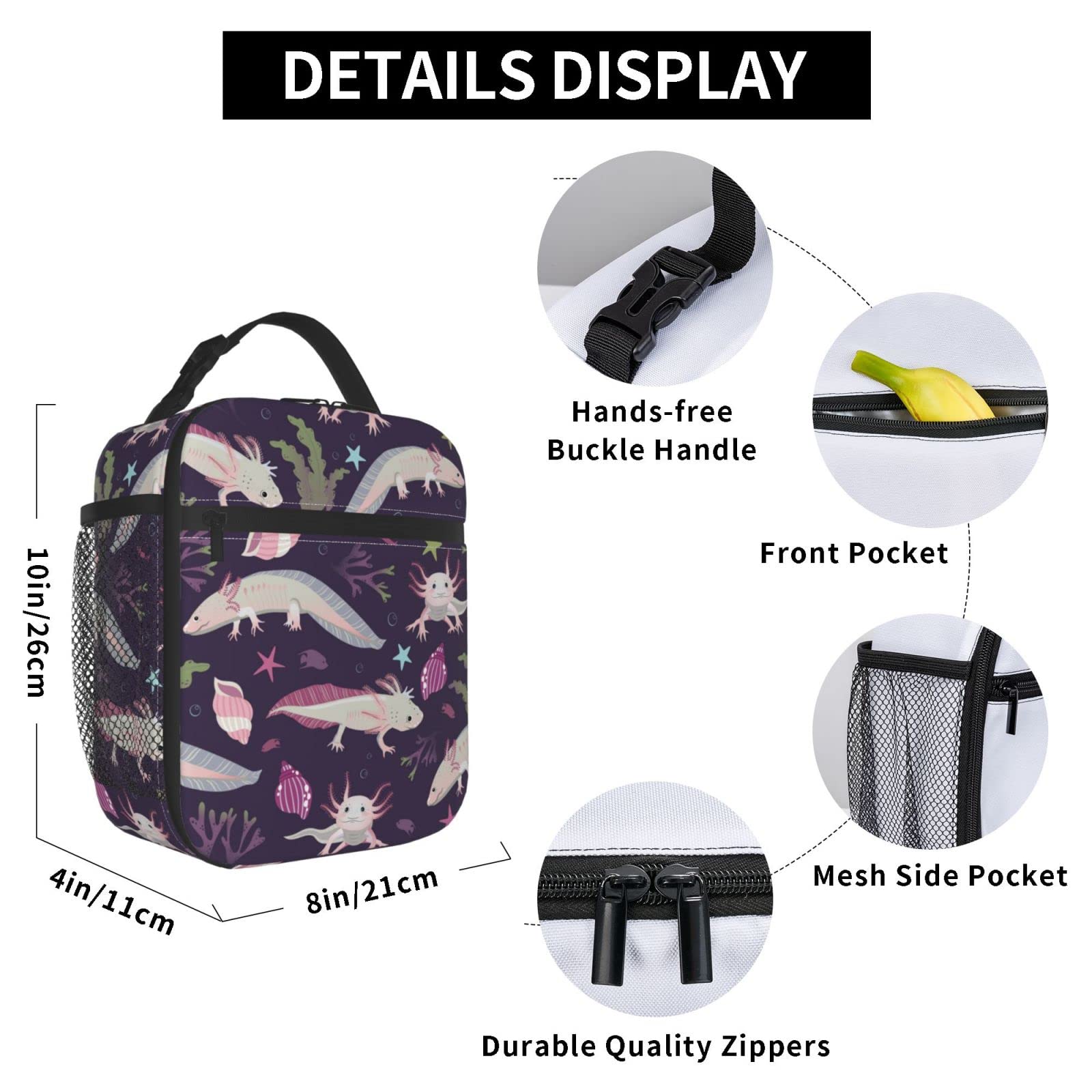 Insulated Reusable Axolotl Lunch Box - Thermal Cooler Tote for School, Work, Beach & Travel - Perfect for Kids, Men & Women