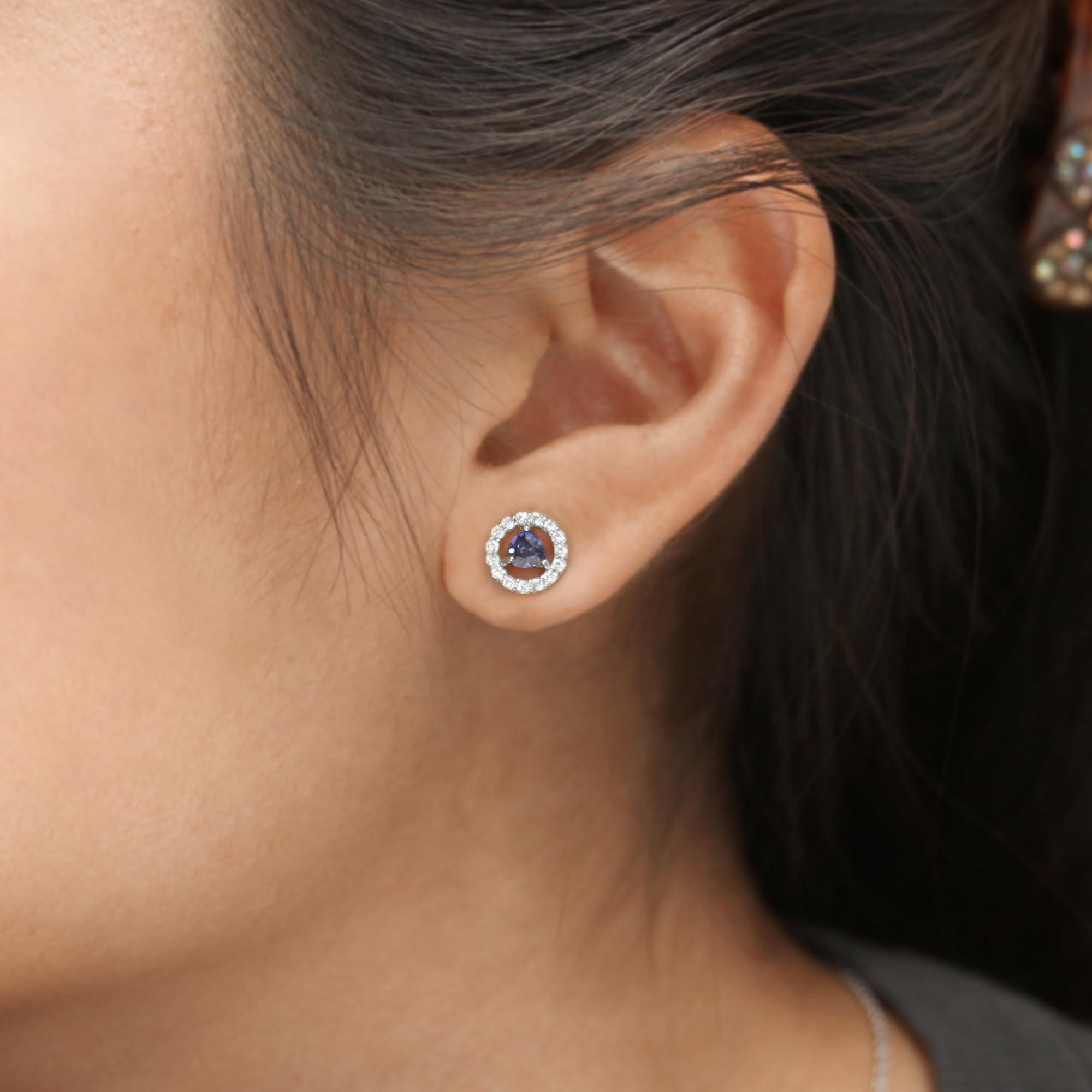 14K White Gold Triangle Cut Blue Violet Cubic Zirconia Stud Earrings for Women - Elegant Dainty Jewelry Gift for Birthday, Anniversary & Special Occasions