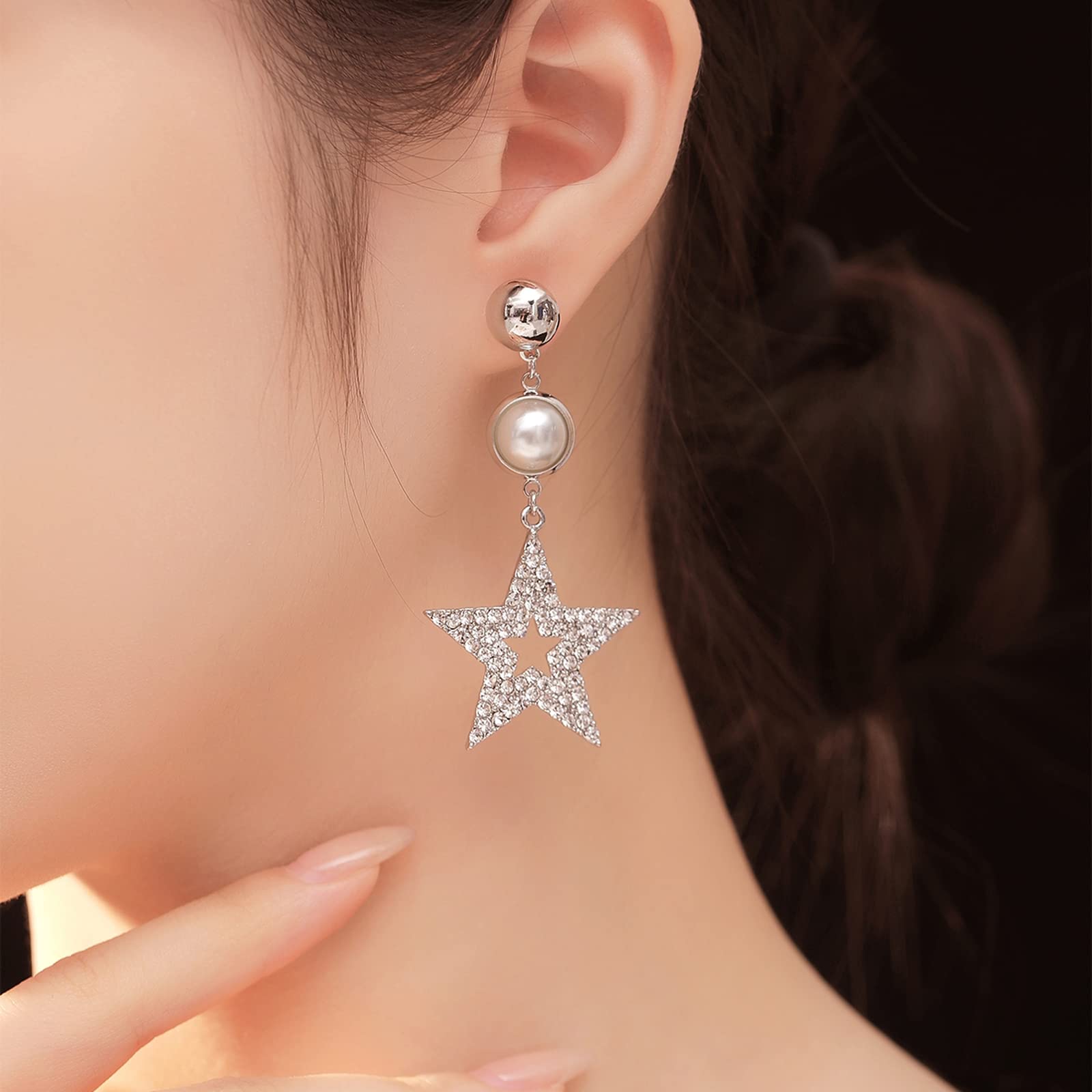 KONFEN Women's Star Asymmetrical Tassel Drop Earrings - Hypoallergenic Cubic Zirconia Dangle Earrings for Girls & Ladies - Mismatched Dangling Ear Jewelry Gift (Silver) | Perfect for Christmas, Parties, Date Nights & Special Occasions