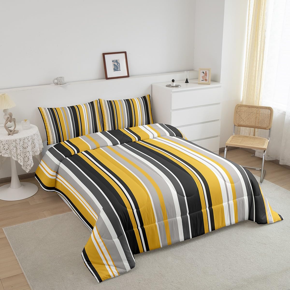 Modern Stripes Comforter Set Queen - Yellow & Gray Bedding for Boys & Kids Room - Lightweight Soft Warm Comforter with 2 Pillowcases - Perfect for Teen Bedroom, Dorm Decor & Cozy Home Fashion