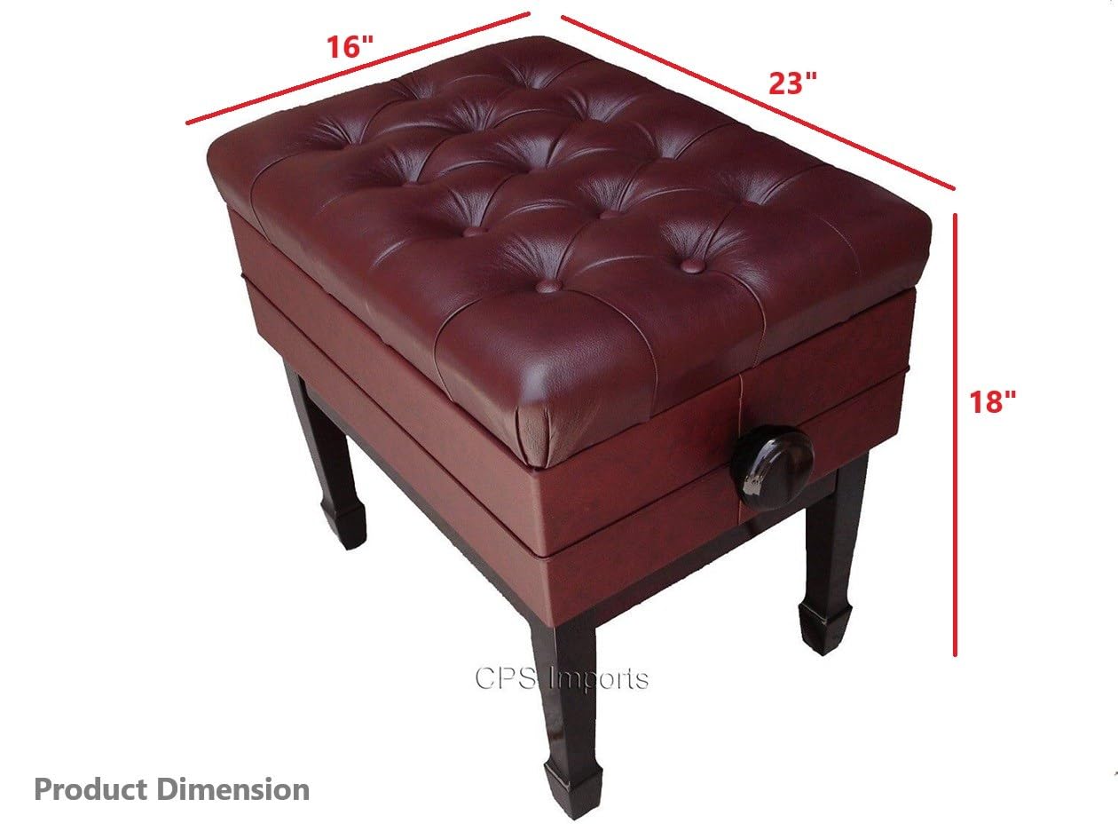 Premium Genuine Leather Adjustable Piano Bench - Mahogany Satin Finish with Music Storage - Perfect for Home Studios, Music Schools & Concert Halls