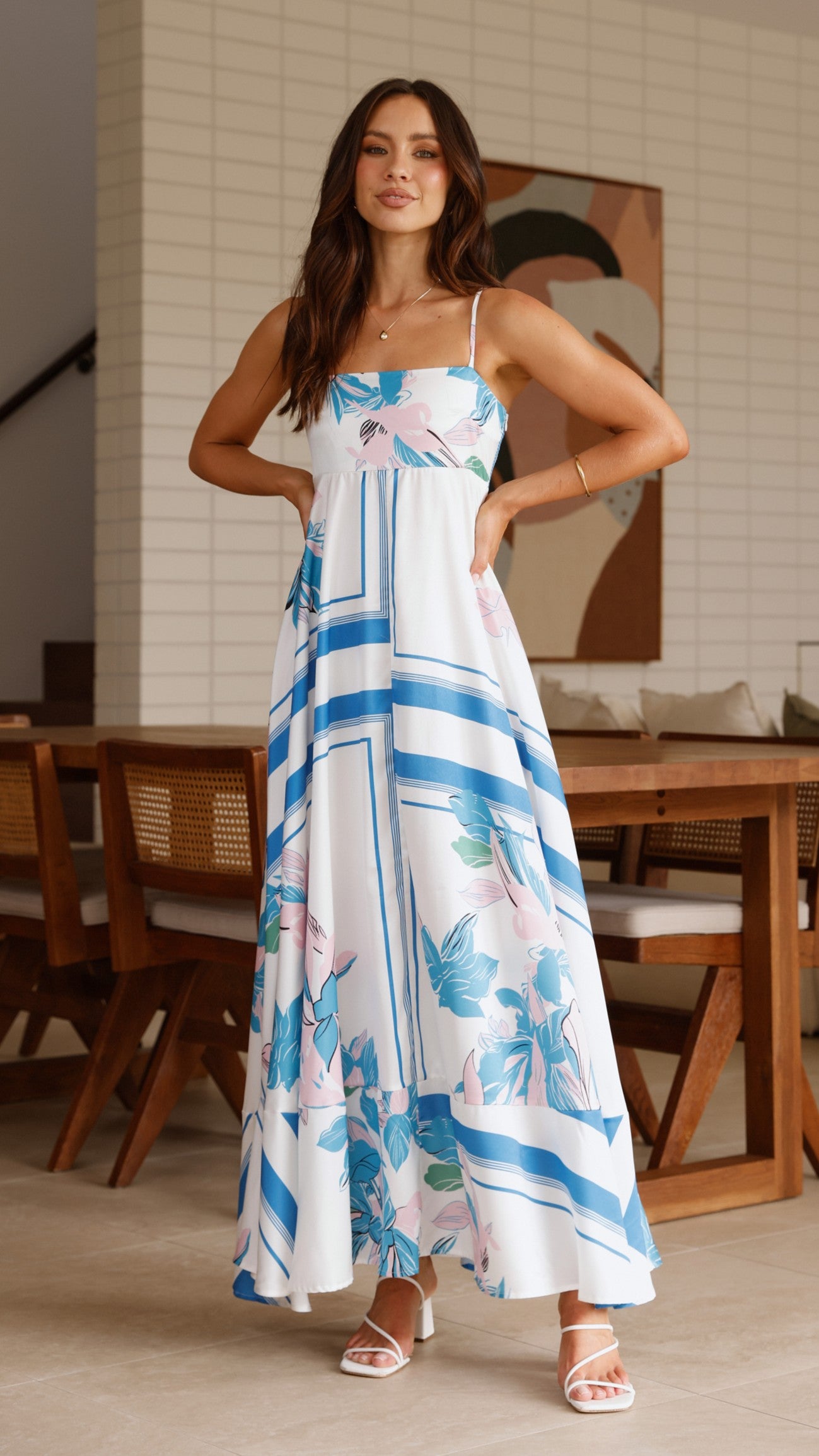 Kaethe Maxi Dress for Women - Elegant White & Blue Flowy Summer Dress for Beach, Vacation & Casual Wear