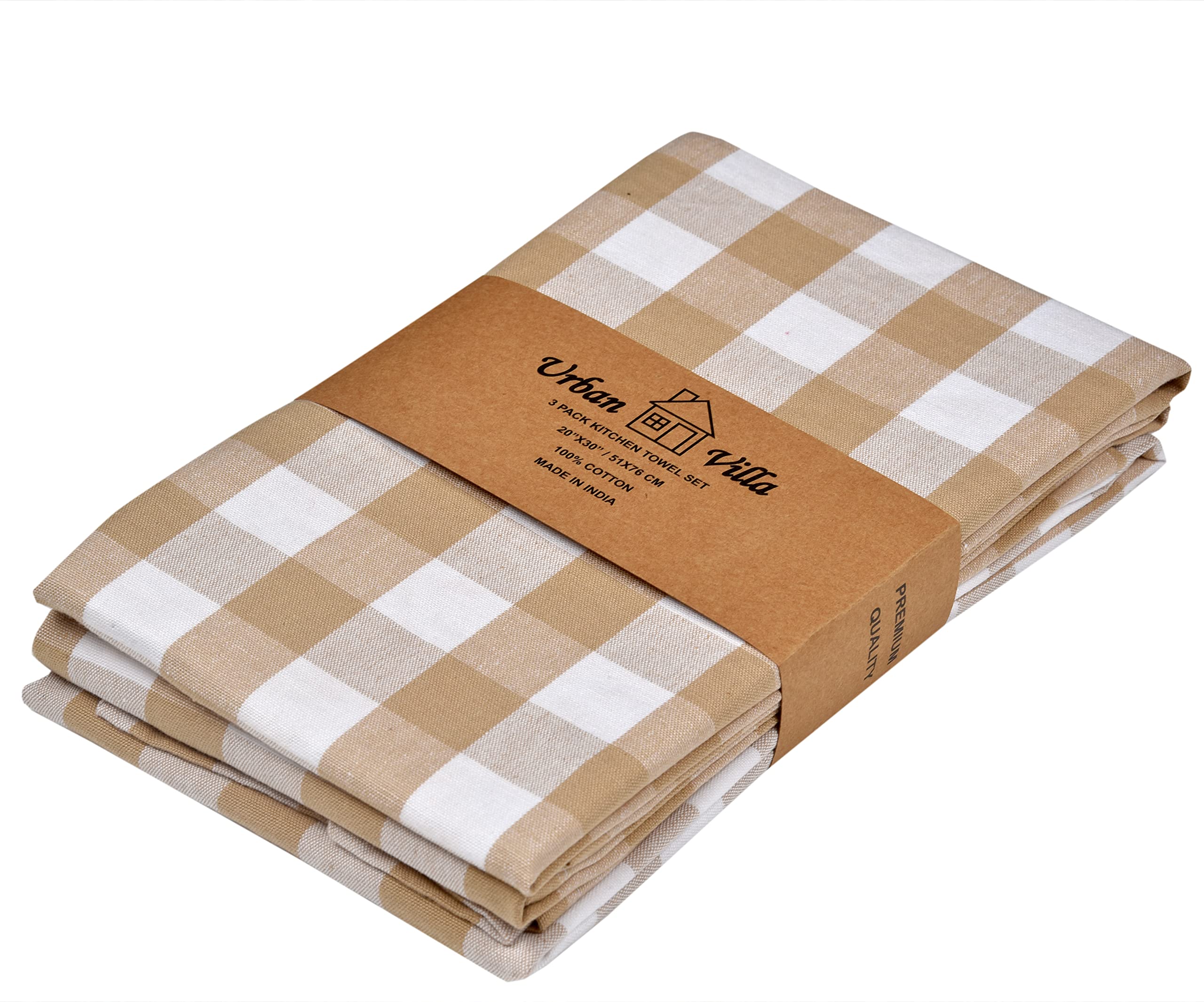 Urban Villa 3-Pack Buffalo Check Taupe/White Kitchen Towels, 20x30 Inches, 100% Cotton, Highly Absorbent, Premium Quality, Ultra Soft with Mitered Corners – Perfect for Drying Dishes, Cleaning Countertops, and Adding Farmhouse Charm to Your Kitchen