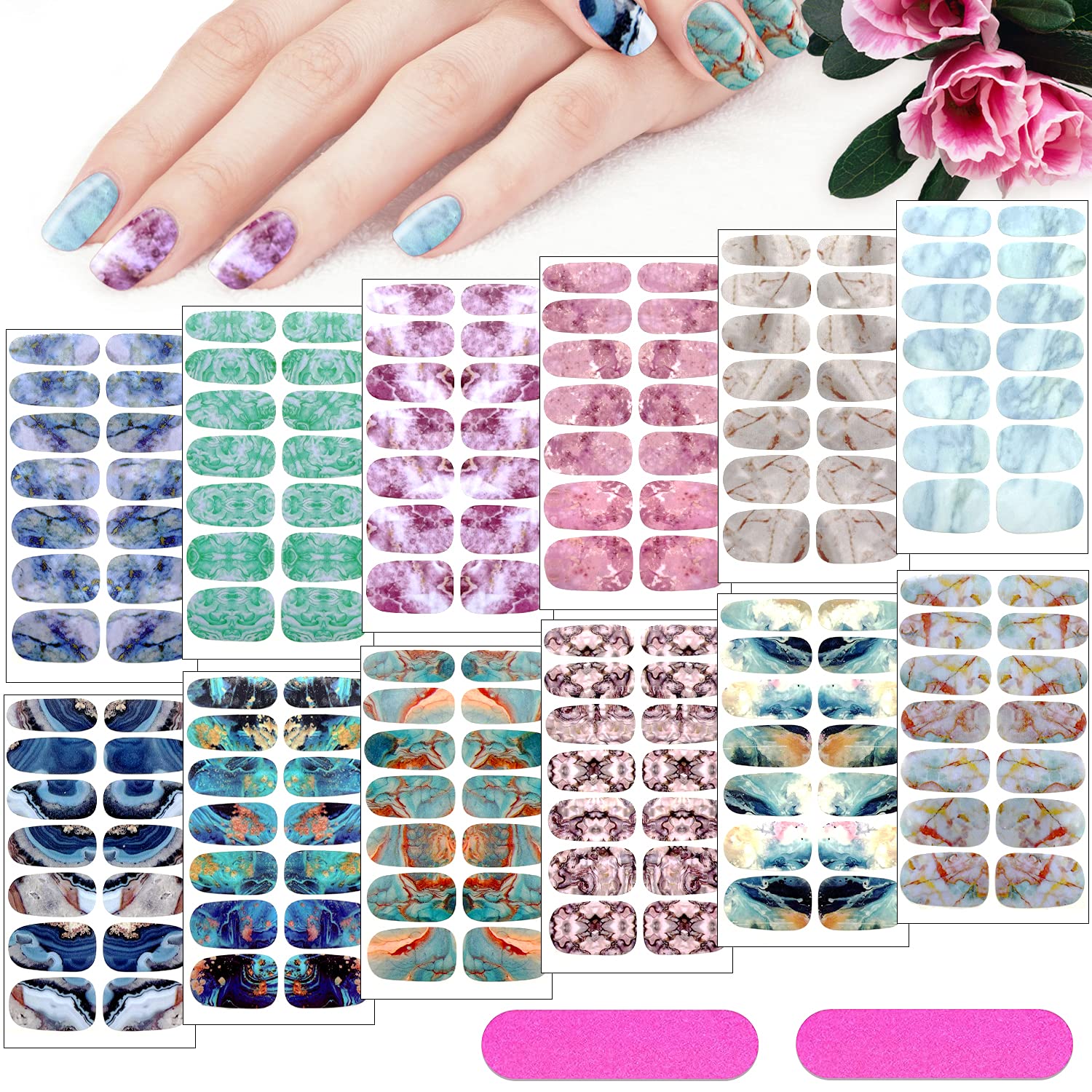 KXAMELIE 16 Sheets Christmas Nail Stickers - Full Nail Wraps Self-Adhesive Nail Art Polish Strips with Nail Files Set for Women & Girls - DIY Nail Decoration for Holiday Parties, Gifts & Home Manicure (Marble Nails Design)