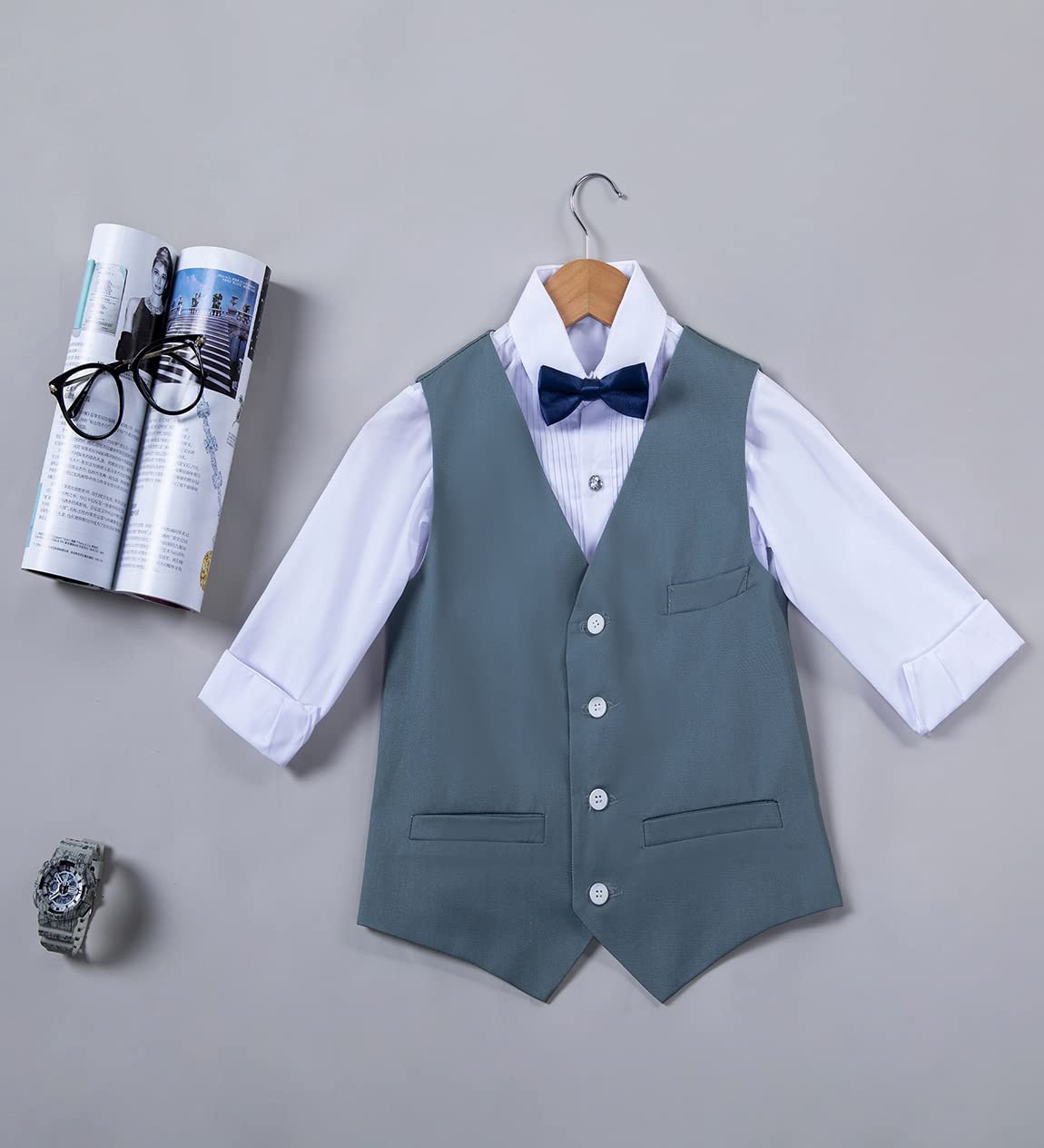 4-Piece Boys' Easter Suit Set - Long Sleeve Dress Shirt, Vest, Pants & Tie - Formal Black Outfit for Big & Little Kids - Perfect for Church, Family Photos & Special Occasions