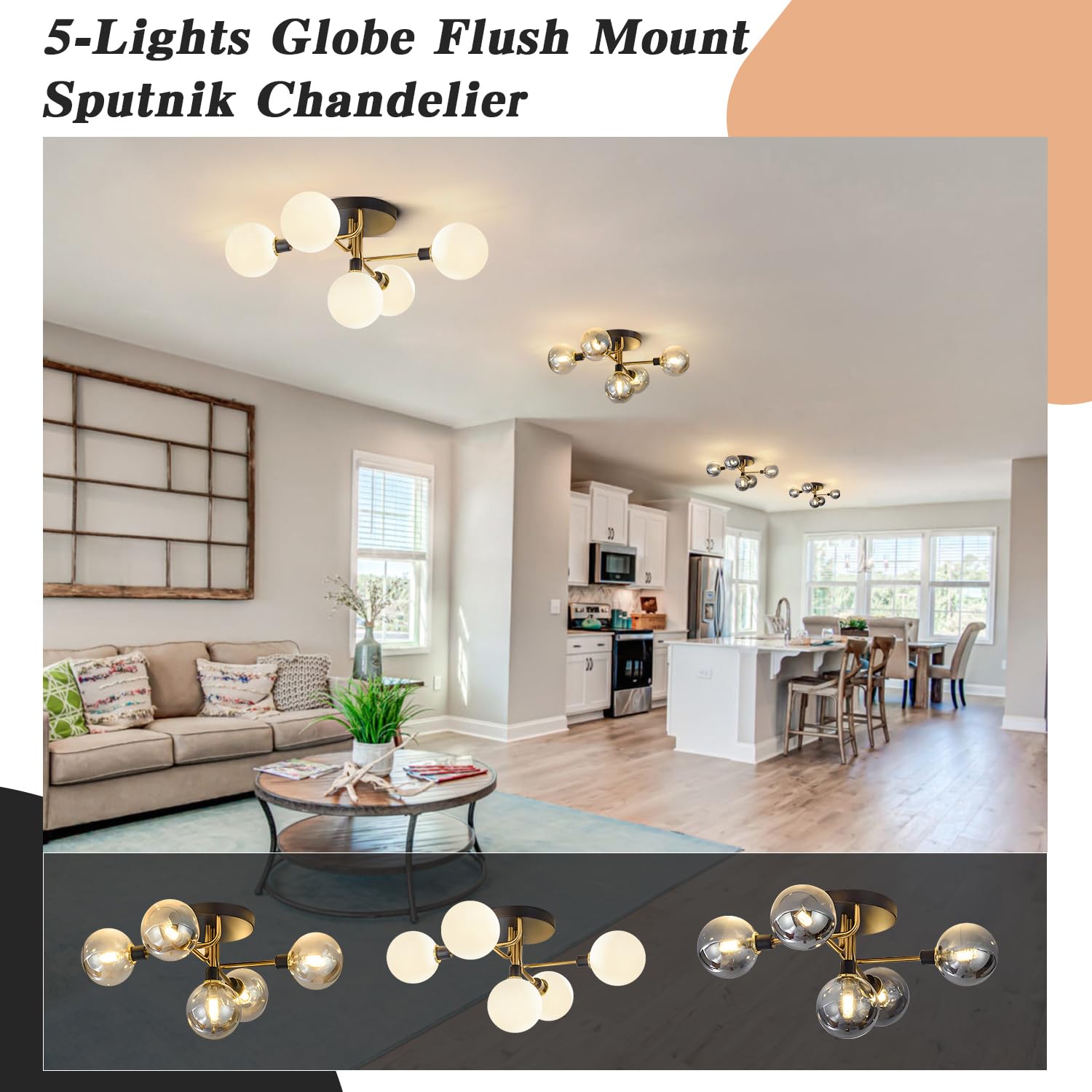 Vintage Mid Century Modern 5-Light Sputnik Ceiling Fixture - Black & Brass Semi-Flush Mount with Milk Glass Globes - Perfect for Bathroom, Dining Room, Hallway & Close-to-Ceiling Lighting