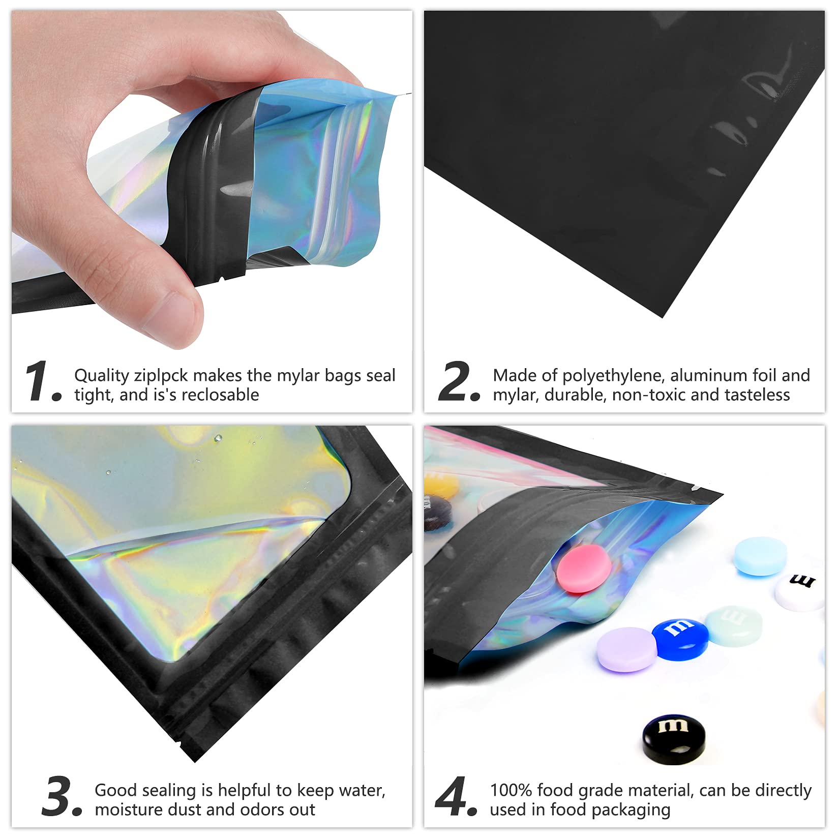 Funfery 100-Pack Black Smell Proof Mylar Holographic Bags - 4.3x7.5 Inch Resealable Odor Barrier Pouches for Food Storage, Lip Gloss, Jewelry & Eyelash Packaging | Small Business & Home Organization Solution