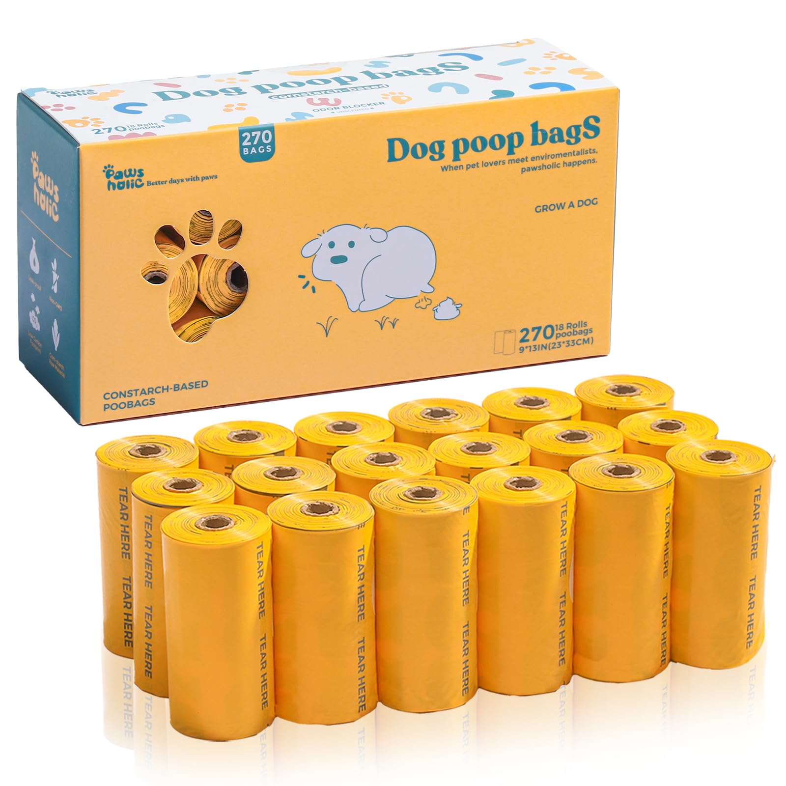 Eco-Friendly Cornstarch Dog Poop Bags - 270 Count (18 Rolls) | Thickened Leak-Proof Waste Bags for Small & Large Dogs | Unscented Pet Cleanup Solution for Walks, Parks & Backyard Use