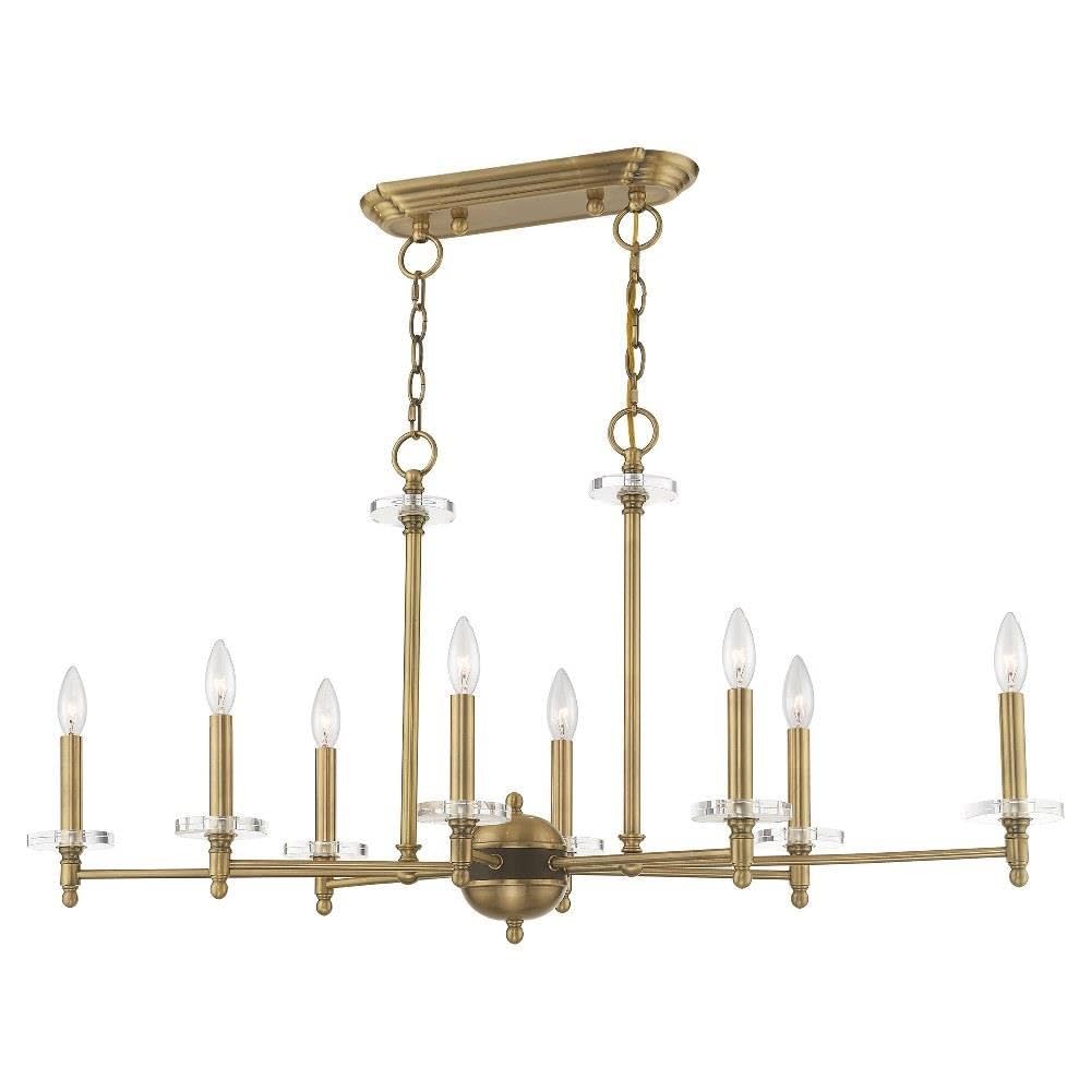 Livex Lighting 42708-01 Bancroft 8-Light Linear Chandelier with Clear Bobeche Crystals in Antique Brass Finish - Perfect for Dining Room, Foyer, or Luxury Home Decor