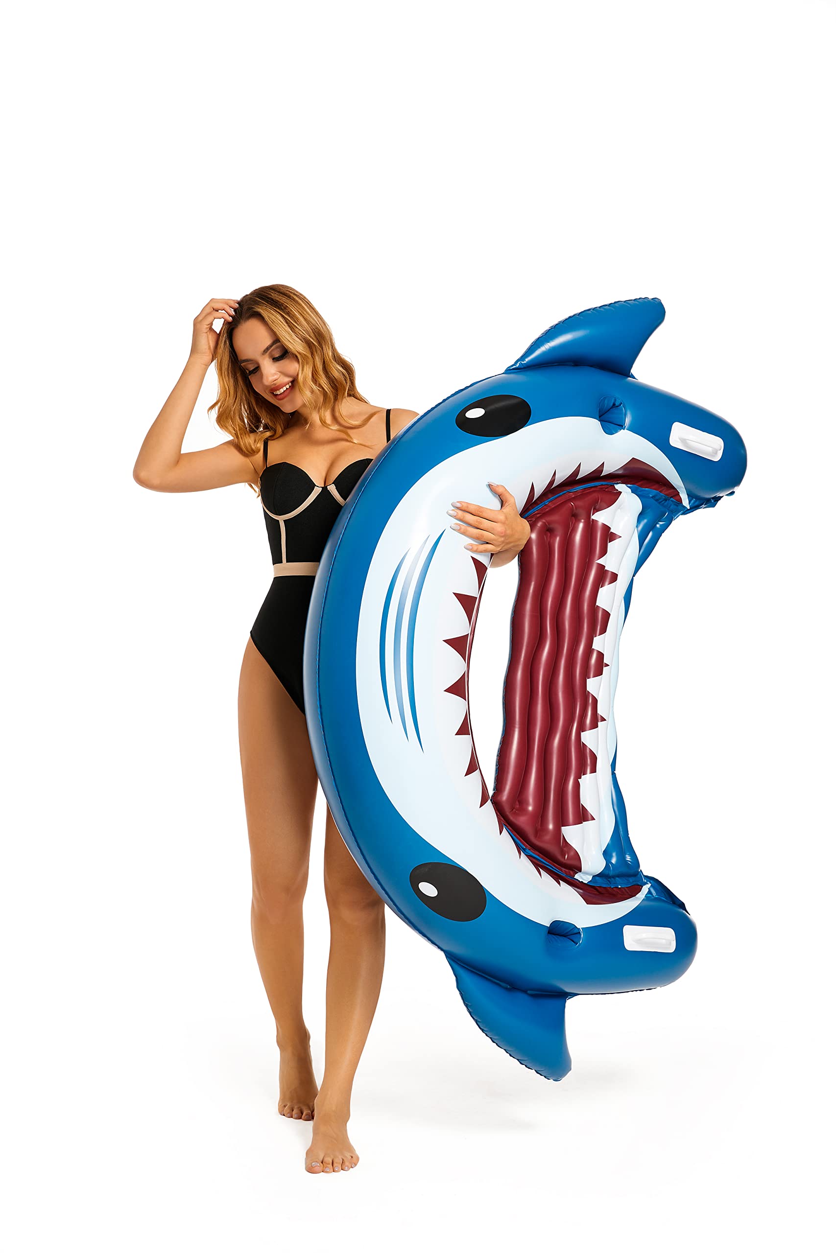 Jorkei Inflatable Pool Floats for Adults - Shark Shaped Swimming Pool Lounger with Cup Holder, Durable Beach Water Float for Pool Party, Summer Relaxation & Backyard Fun