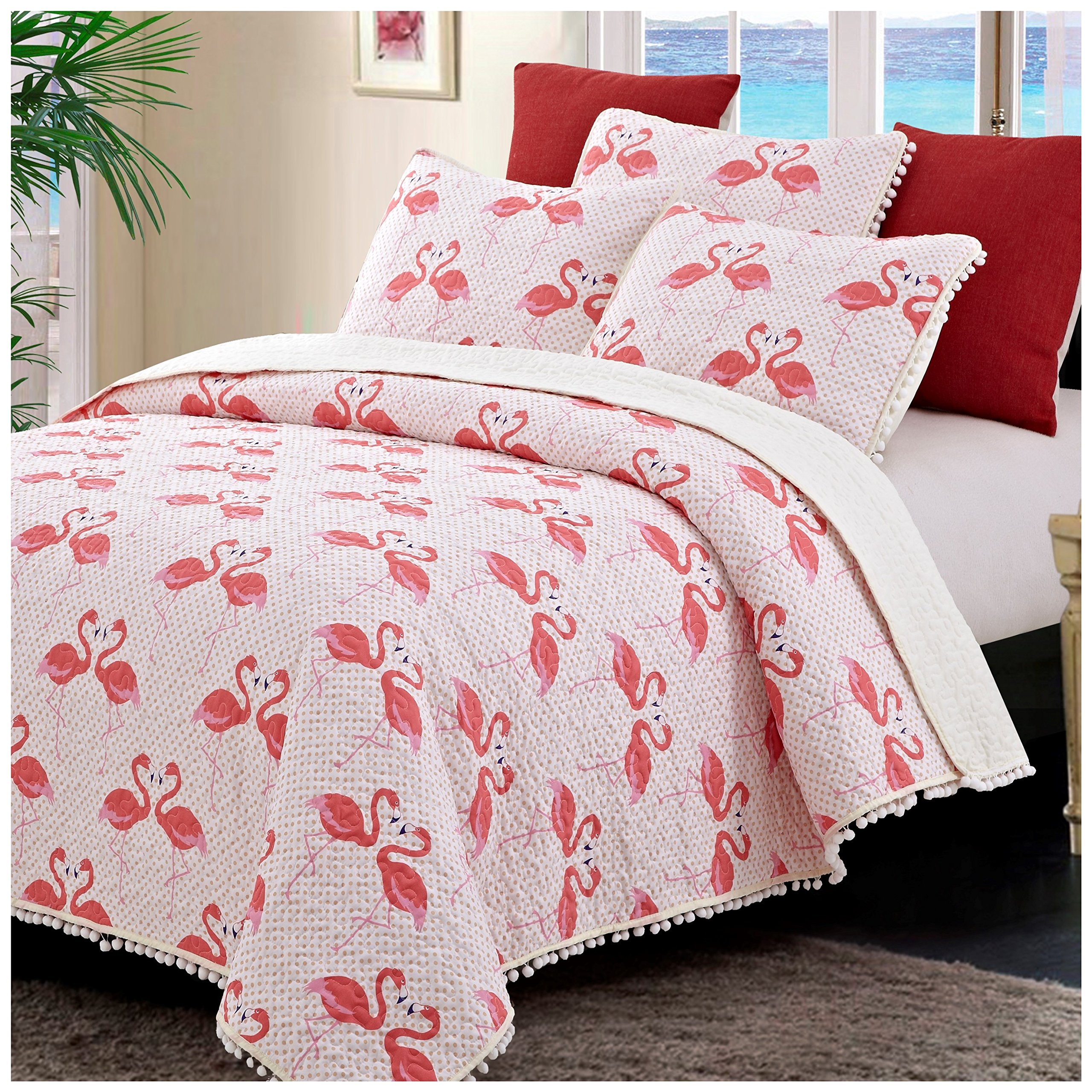 Flamingo Dance Quilt Set - Pink Flamingo Pattern with Pom Pom Trim & Polka Dots, 3-Piece Full/Queen Size Bedding Set with Quilt & Pillow Shams | Tropical Boho Bedroom Decor for Girls & Teens | Perfect for Beach House, Dorm Room or Summer Themed Bedroom