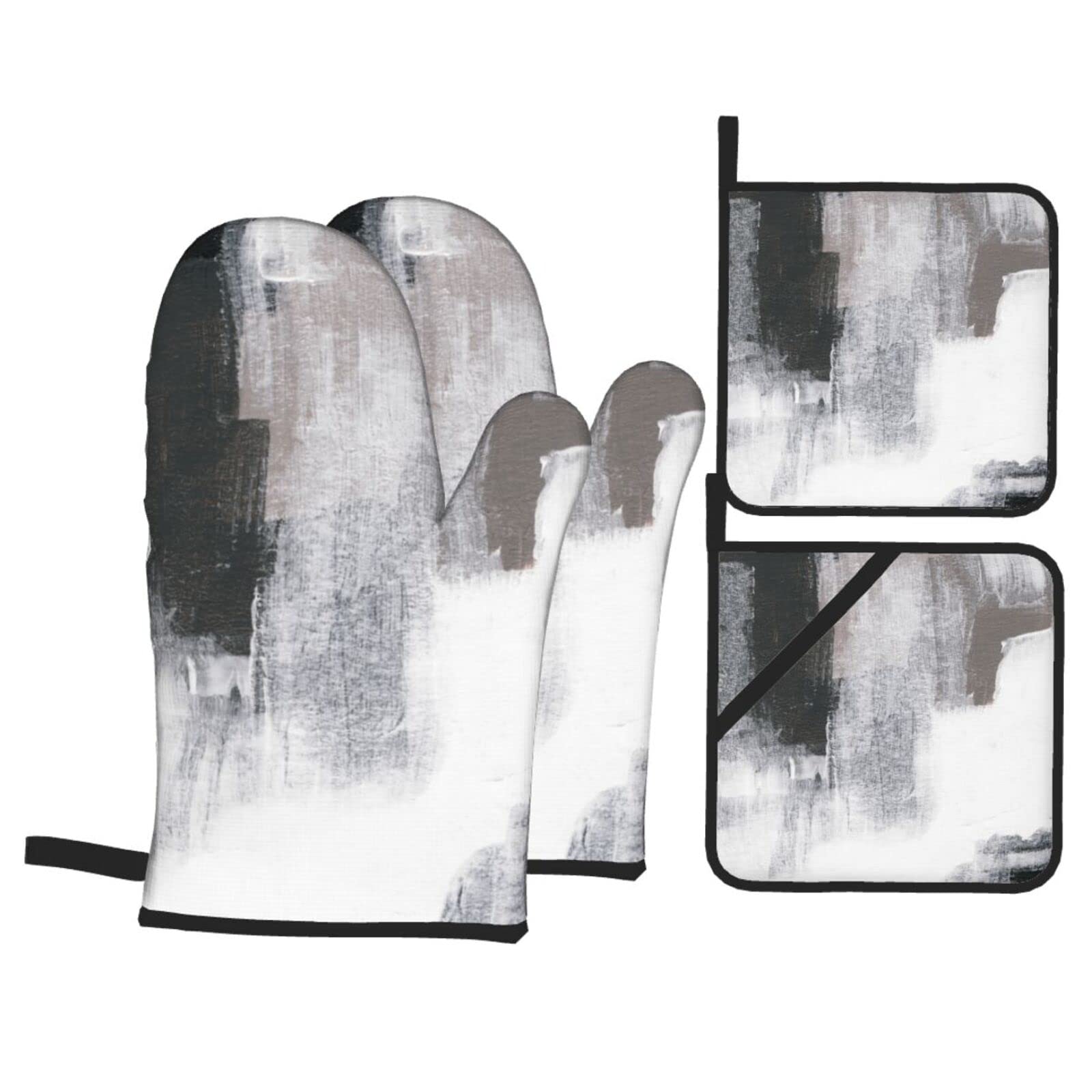 Brown and Grey Abstract Art Oven Mitts Set of 4 - Heat Resistant Polyester Kitchen Mittens with Potholders for Cooking, Baking & BBQ - Non-Slip Oven Gloves for Home & Restaurant Use