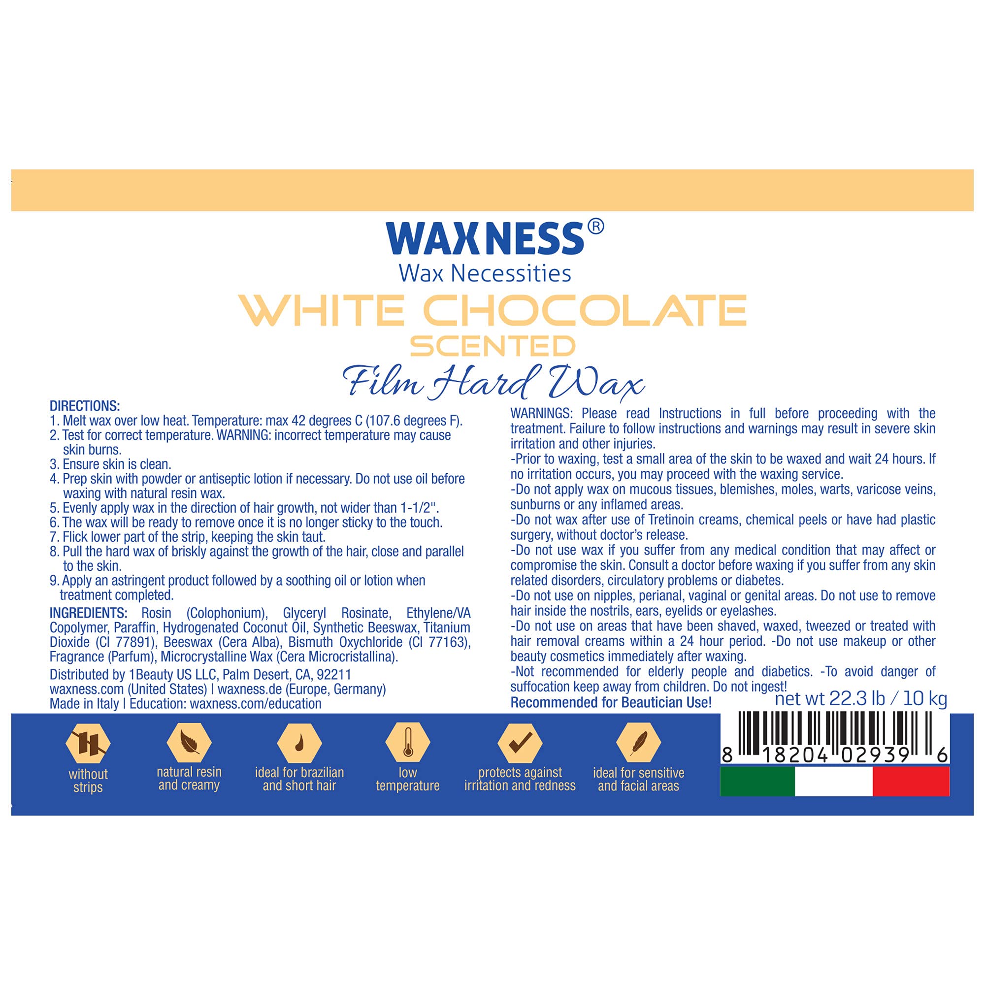 Waxness Professional Premium Hard Wax Beads - White Chocolate Scent (22lb/10kg Bulk) for Hair Removal & Spa Treatments