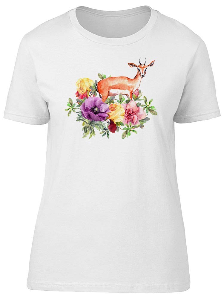 Women's Gazelle with Flowers Watercolor T-Shirt - Soft Cotton Casual Tee for Summer Outfits, Streetwear & Boho Style
