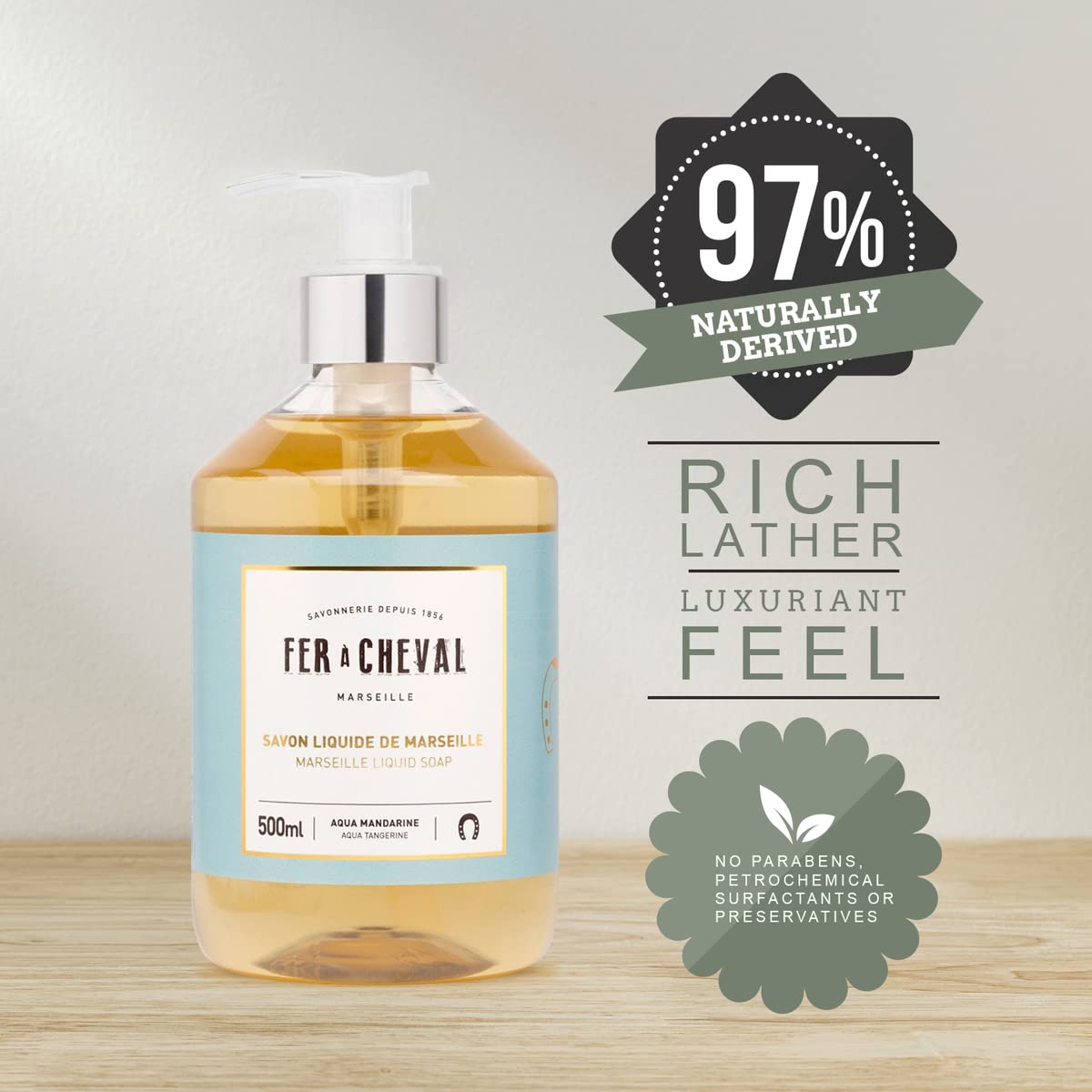 Fer a Cheval Marseille Liquid Soap - Aqua Tangerine Scent (500ml) | Natural Hand & Body Wash for Sensitive Skin | Perfect for Bathroom, Kitchen & Travel Use