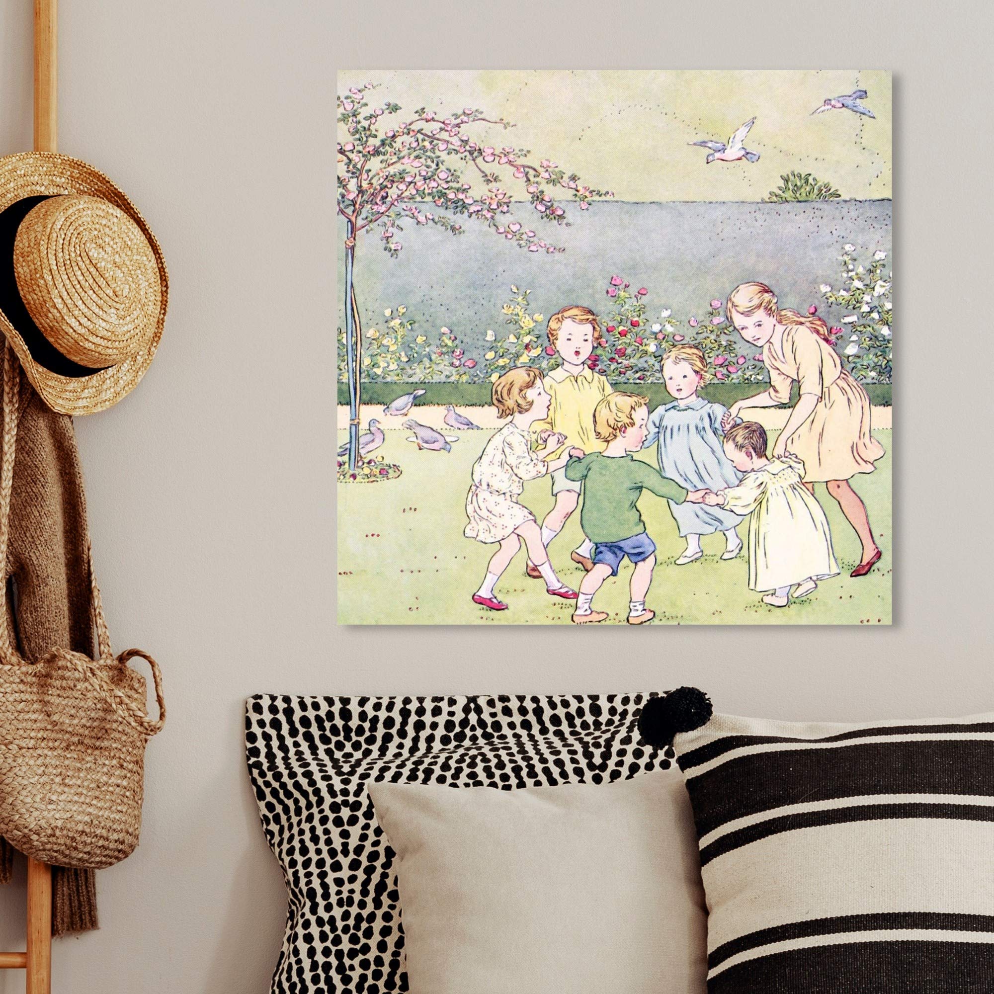 Oliver Gal Artist Co. 'Ring Around The Rosy' Kids Wall Art - 24x24 Inch Canvas Print for Children's Bedroom & Playroom Decor in Green & Blue - Nursery, Daycare & Play Area Wall Décor