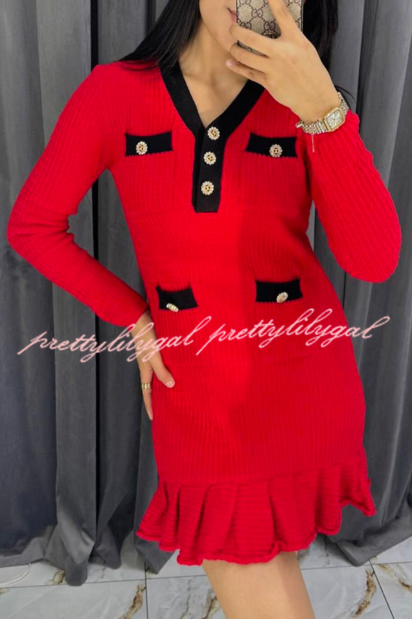 Stylish Waffle Knit Mini Dress with V-Neck & Ruffles - Perfect for Date Night, Party Wear & Casual Outings