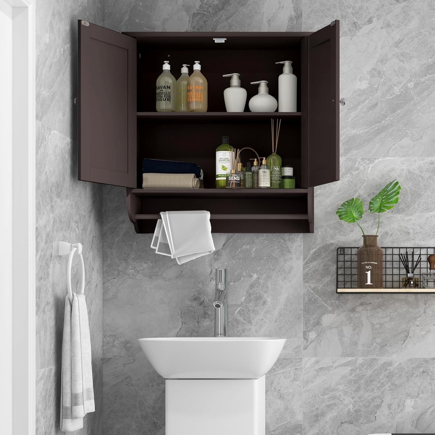 Modern Brown FCH Two-Door Bathroom Storage Cabinet with Upper & Lower Shelves - Kitchen Cupboard, Entryway Organizer for Bathroom, Bedroom & Living Room Storage Solutions
