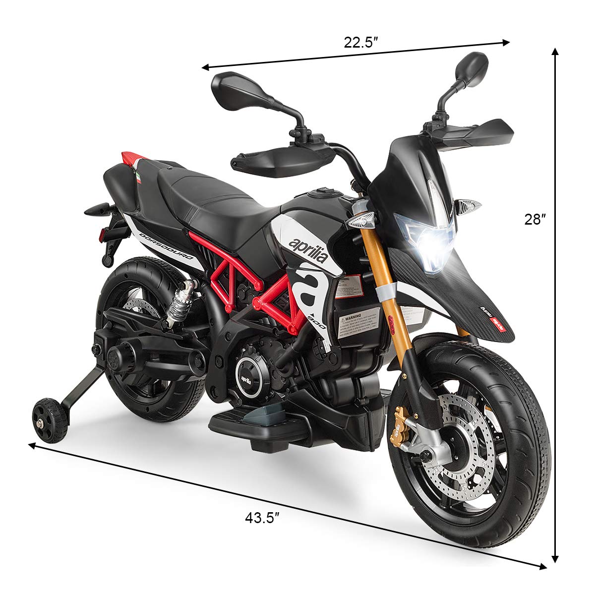 HOMGX 12V Kids Ride on Motorcycle - Licensed Apulia Design with LED Lights & Music, Battery Powered Motor Bike with Detachable Training Wheels (Black) | Perfect Gift for Boys & Girls Ages 3-8 | Indoor & Outdoor Play, Birthday & Christmas Present