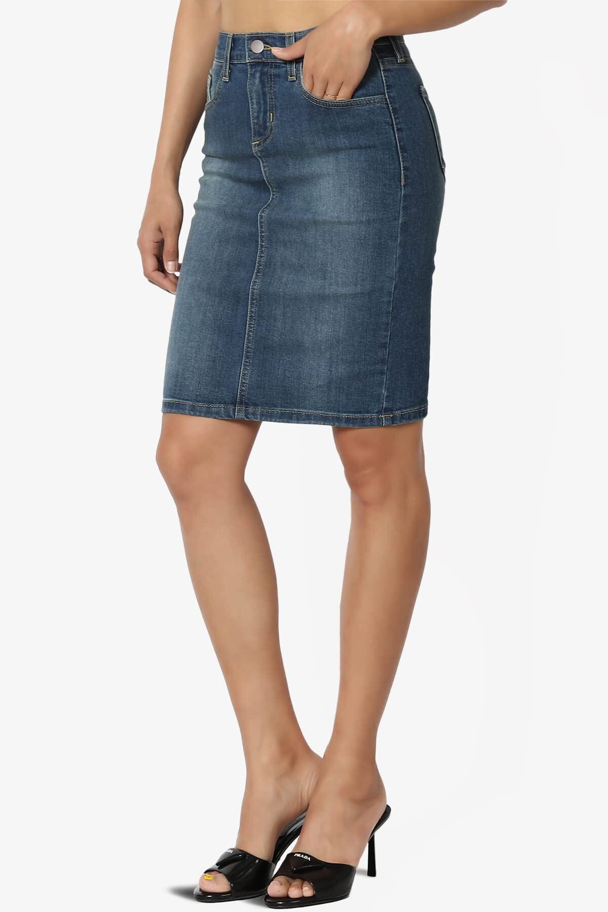 The Mogan Stone Wash Jean Pencil Knee-Length Midi Stretch Denim Skirt for Women - Vintage Style Slim Fit Denim Skirt for Casual Outfits, Office Wear & Date Night