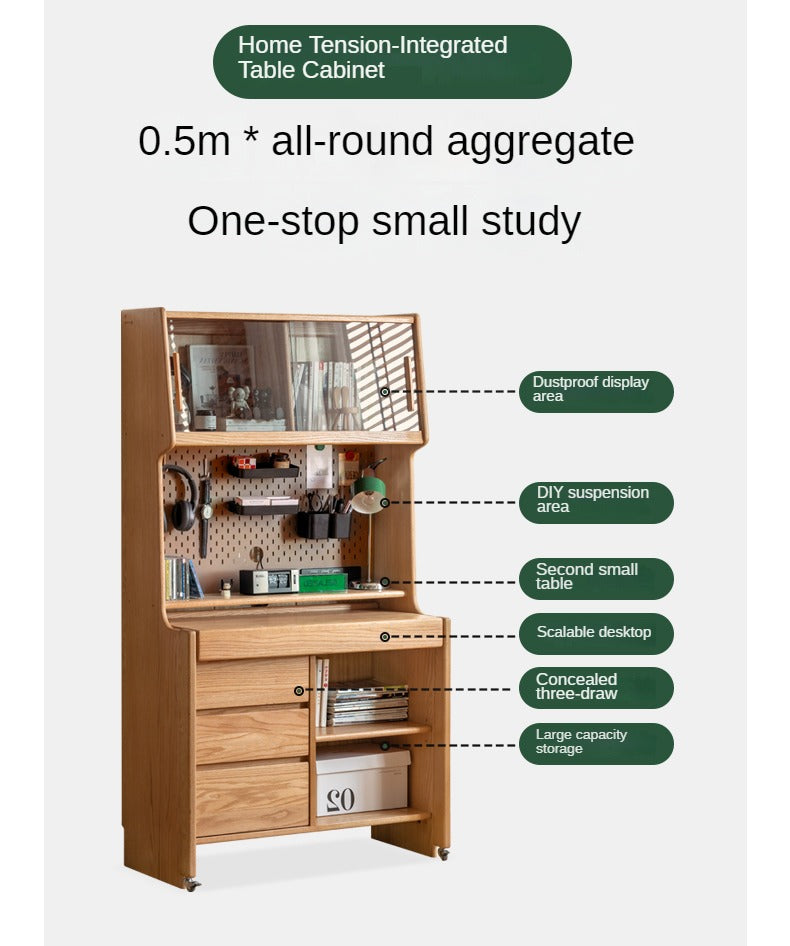Solid Oak Wood Modern Retractable Desk with Integrated Bookcase - Home Office, Study Room, and Workspace Solution