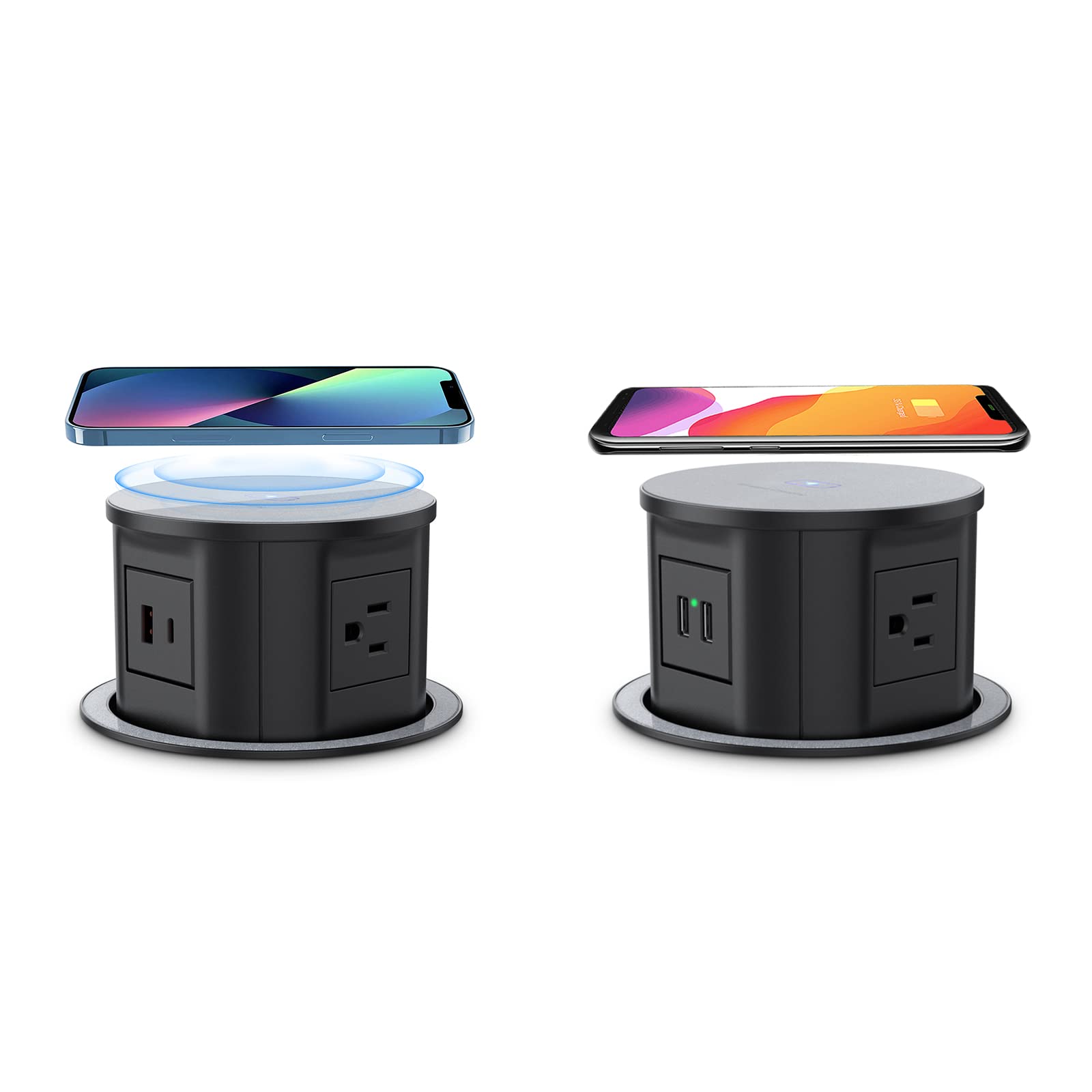 Automatic Pop Up Outlet for Countertop - 4 AC Outlets & 2 USB Ports with Wireless Charger - Perfect for Kitchen Islands, Office Desks & Home Countertops (Black)