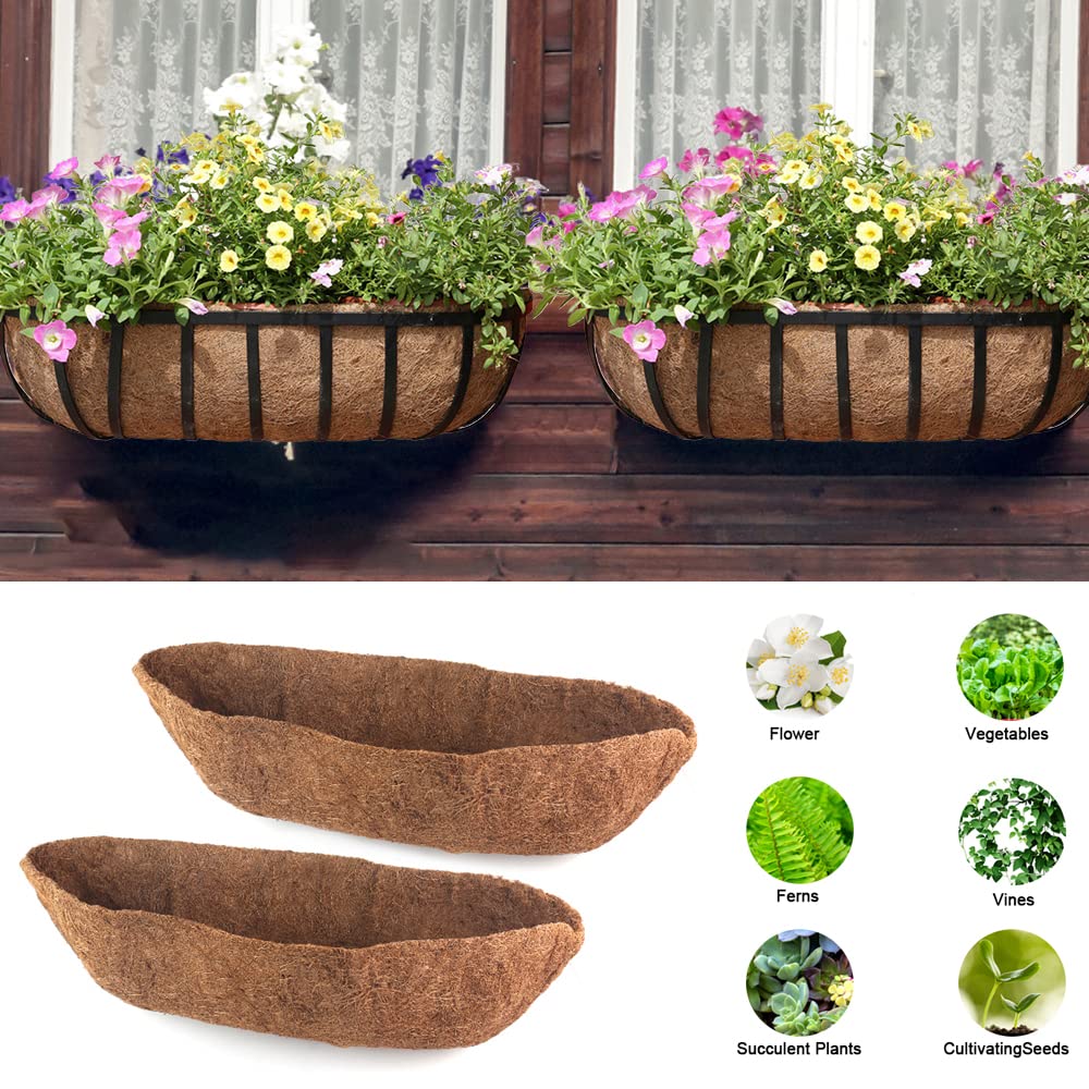 2 Pack Coconut Coir Planter Liners - 24/30/36/48 Inch Half Moon Trough Coco Fiber Replacement for Window Boxes, Hanging Planters & Garden Pots | Durable & Eco-Friendly for Flowers, Vegetables & Fence Baskets | Perfect for Indoor/Outdoor Gardening & Home Decor