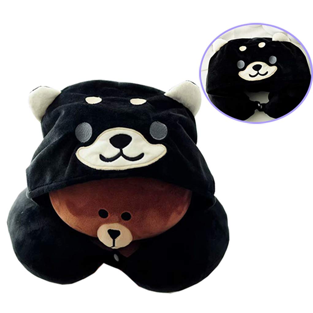 Shiba Inu Soft Hooded Travel Neck Pillow - Cartoon Animal U-Shaped Memory Foam Pillow for Airplane, Car & Office - Black (Perfect for Long Flights, Road Trips & Work Breaks)