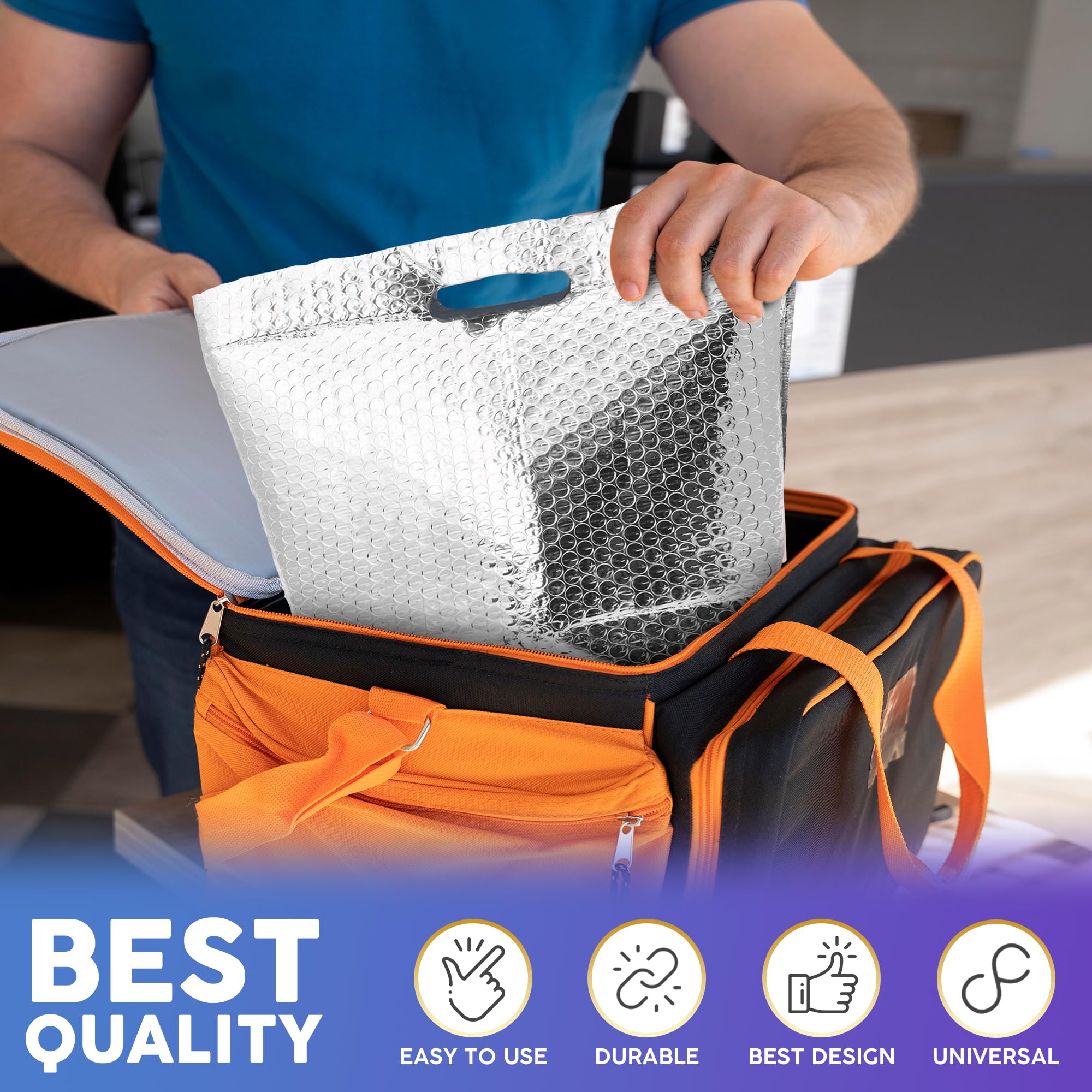 APQ Insulated Foil Bags with Handles - 11x8.5x5.5 Inches, 50 Pack Thermal Shipping Bags for Frozen Food, Cosmetics & Perishables | Bubble Cushion Lined, Metallized Foil Insulation | Perfect for Meal Prep, Grocery Delivery & Cold Storage