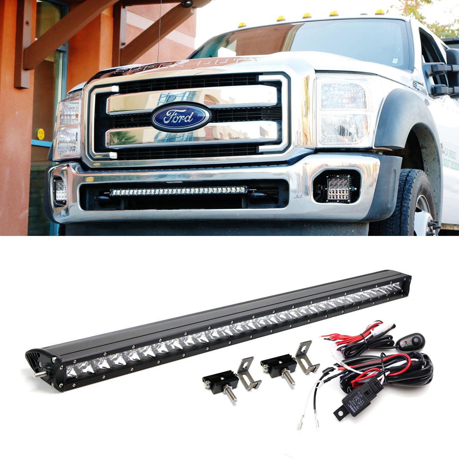 150W 30-Inch CREE LED Light Bar with Lower Bumper Bracket & Wiring Harness for 2011-2016 Ford F250 F350 Trucks - Off-Road, Fog, Work Light for Night Driving & Outdoor Adventures