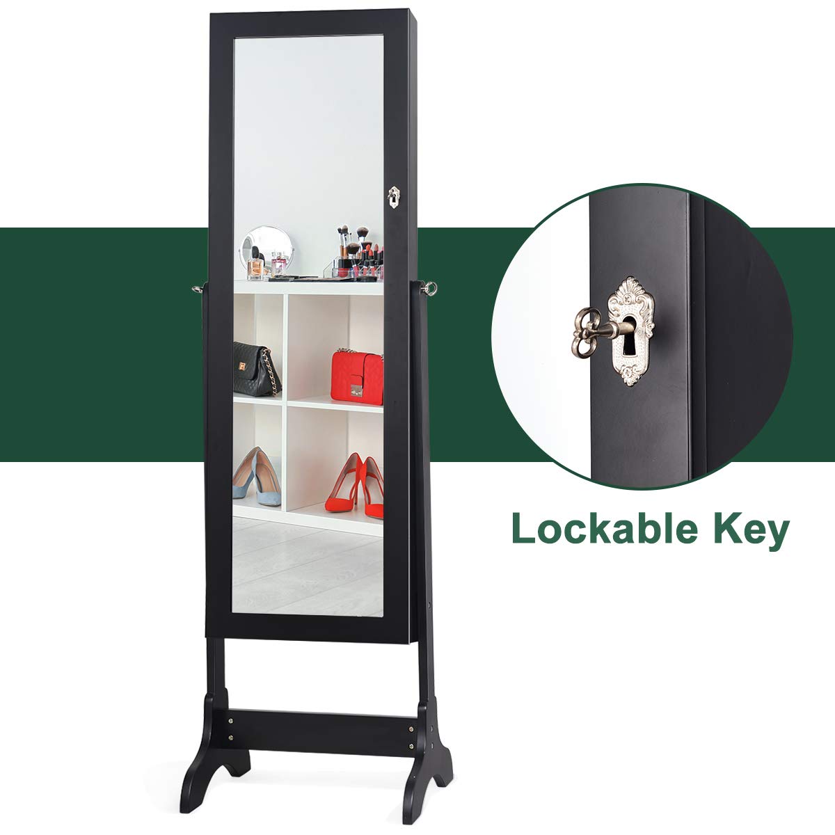 WATERJOY Jewelry Organizer with Full-Length Standing Mirror - 4 Adjustable Angle Lockable Jewelry Cabinet & Storage Armoire - Perfect for Bedroom, Closet & Dressing Room Organization