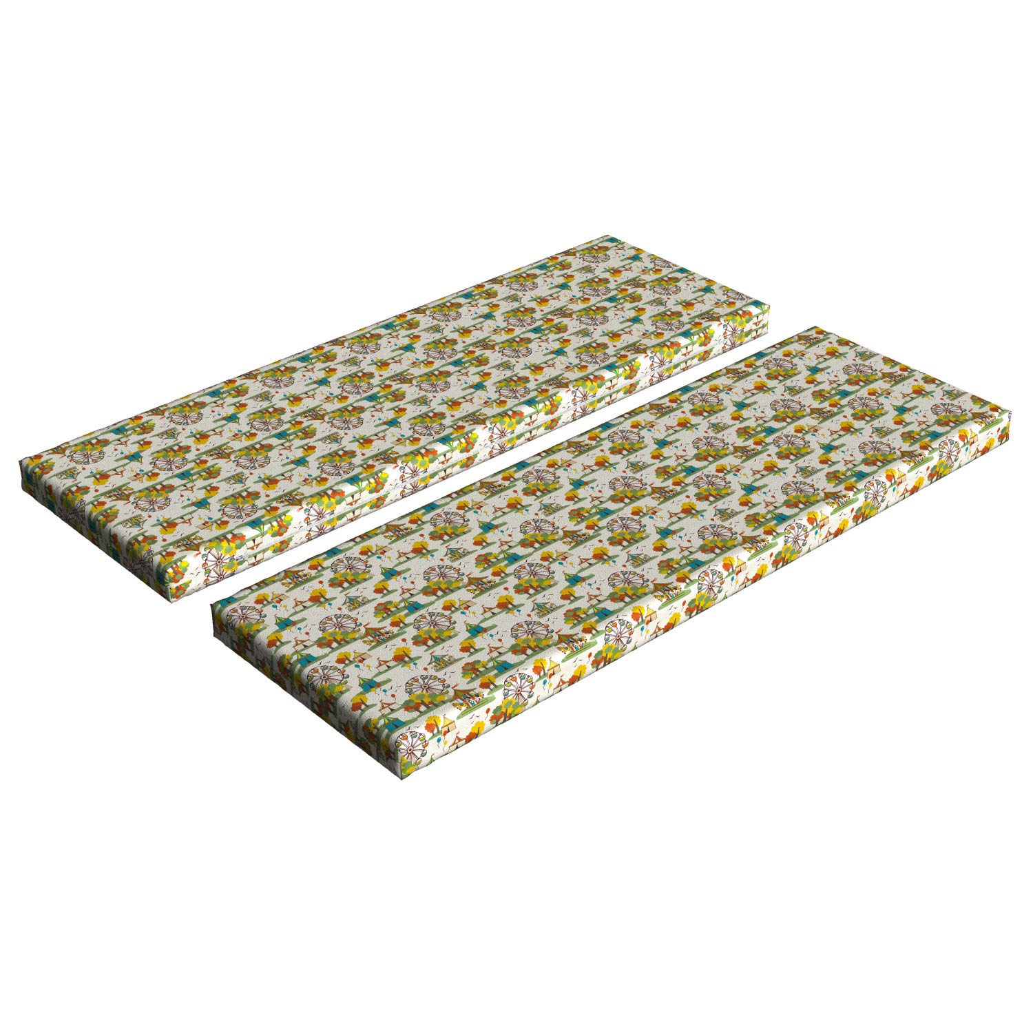 Ambesonne Ferris Wheel Bench Cushion Set of 2 - Autumn Fair Design with Colorful Trees, Balloons & Tent Pattern - Standard Size 45x15x2 Inch Foam Seat Cushions - Ivory Multicolor Home Decor for Patio, Porch or Garden