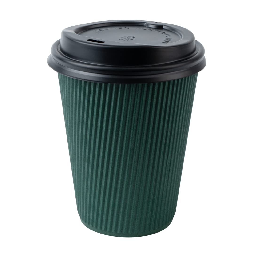 12oz Insulated Coffee Cups with Lids (20 Pack) - Leakproof & Non-Slip Dark Green Disposable Paper Cups for Hot Beverages - Perfect for Coffee, Tea, Hot Chocolate, Lattes in Cafes, Offices, or Home Use