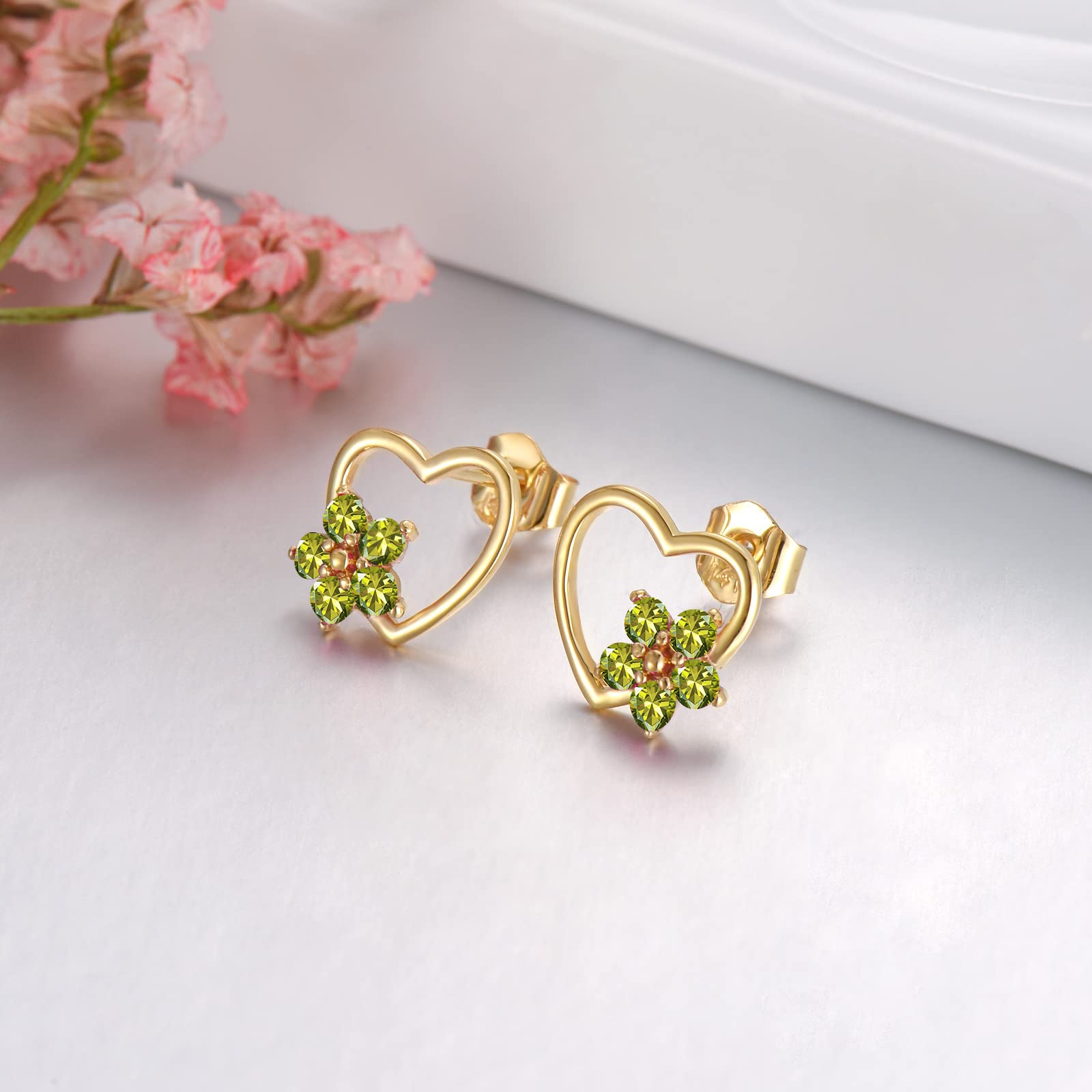 14K Real Gold Heart Stud Earrings for Women & Girls - Dainty Floral Birthstone Jewelry, Perfect Birthday Gift for Wife, Girlfriend, Daughter | Valentine's Day, Anniversary & Everyday Wear