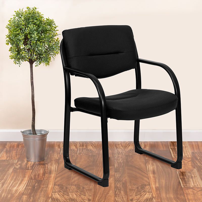 Premium FLASH Donny Black LeatherSoft Executive Side Reception Chair with Sled Base - Ergonomic Office Chair for Reception Areas, Waiting Rooms & Lobby Seating